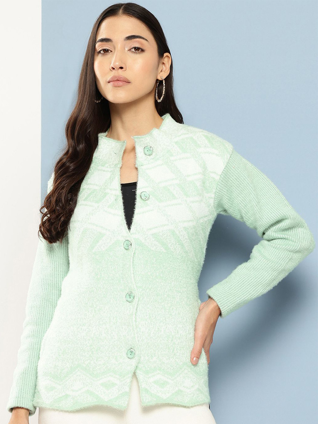 

The Roadster Lifestyle Co Women Abstract Printed Woolen Long Sleeve Cardigan Sweater, Sea green
