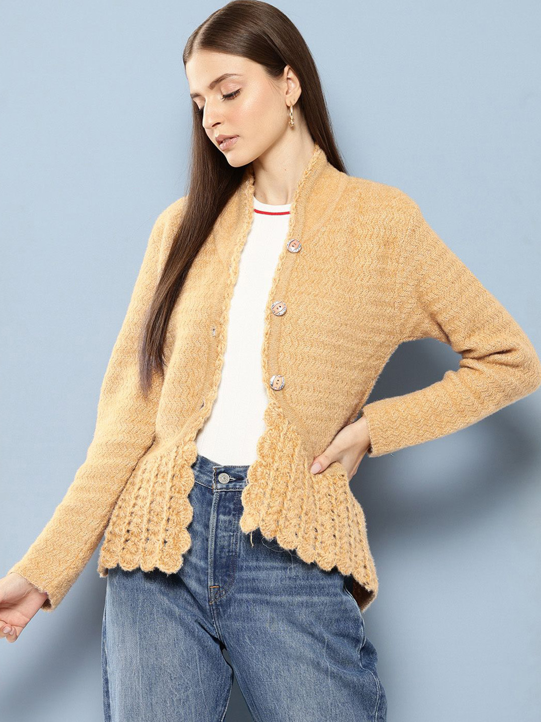 

The Roadster Lifestyle Co Women Long Sleeves Woolen Cardigan, Beige