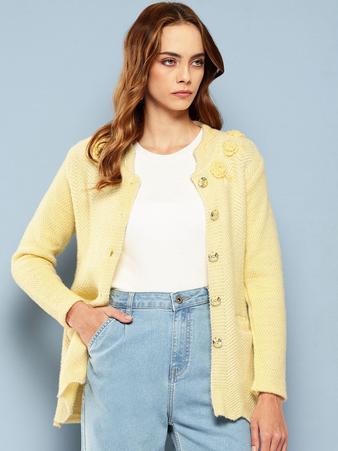 

The Roadster Lifestyle Co Women Long Sleeves Woolen Cardigan Sweater, Yellow