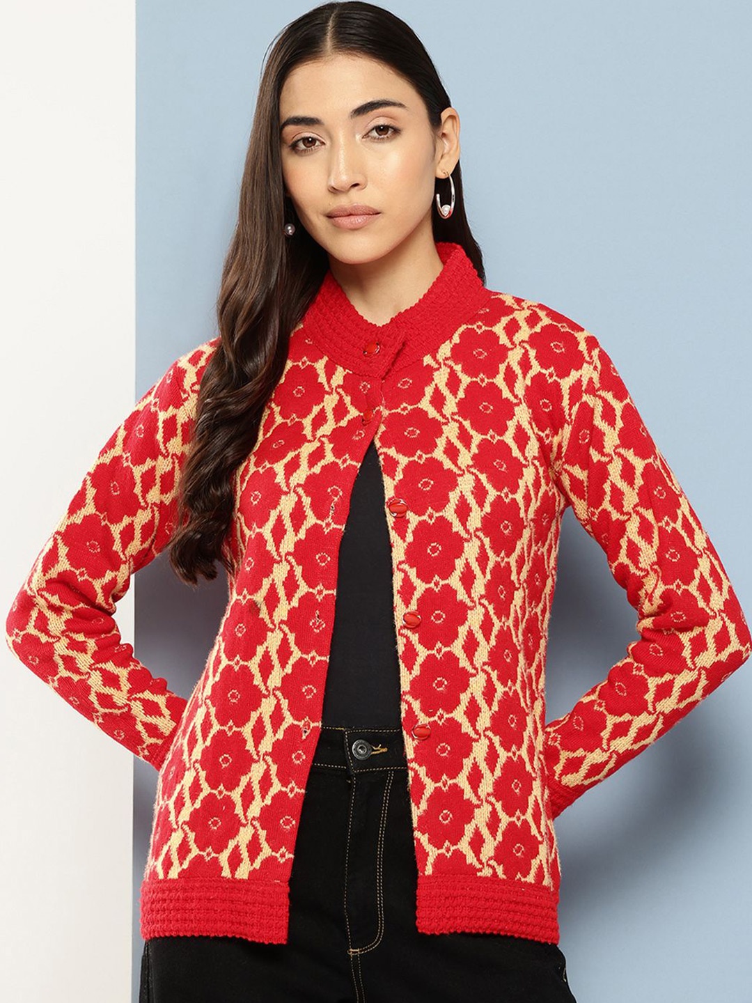

The Roadster Lifestyle Co Women Floral Printed Woolen Long Sleeve Cardigan, Red