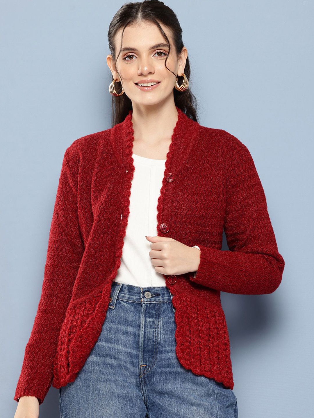 

The Roadster Lifestyle Co Women Self Design Woolen Long Sleeve Cardigan Sweater, Red