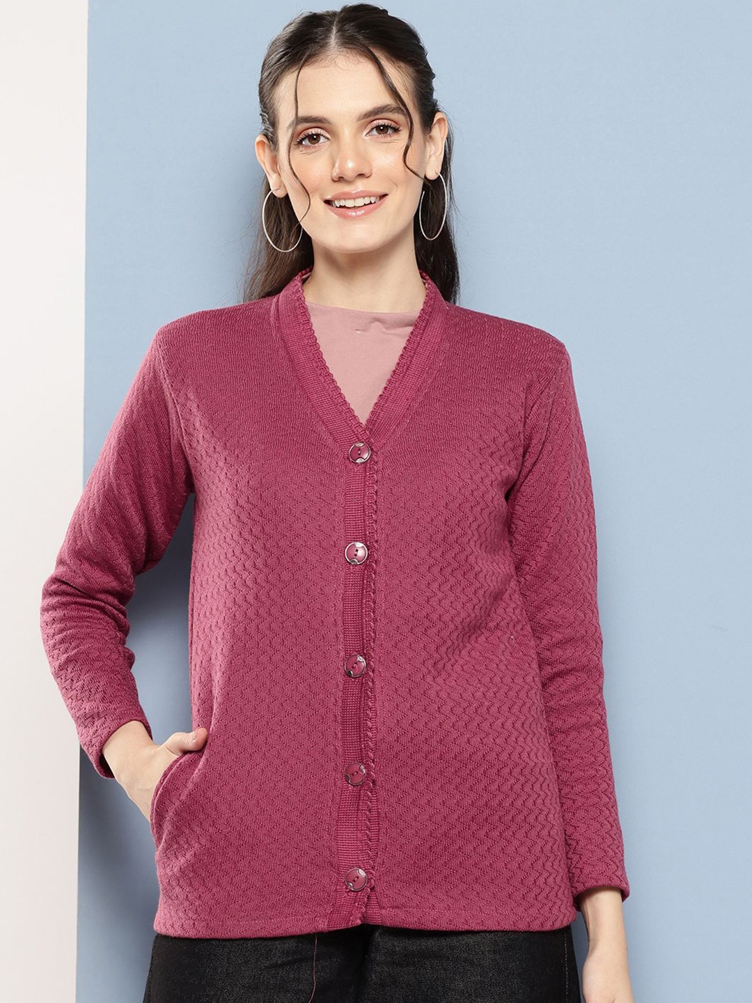 

The Roadster Lifestyle Co Women Self Design Cardigan Sweater, Burgundy