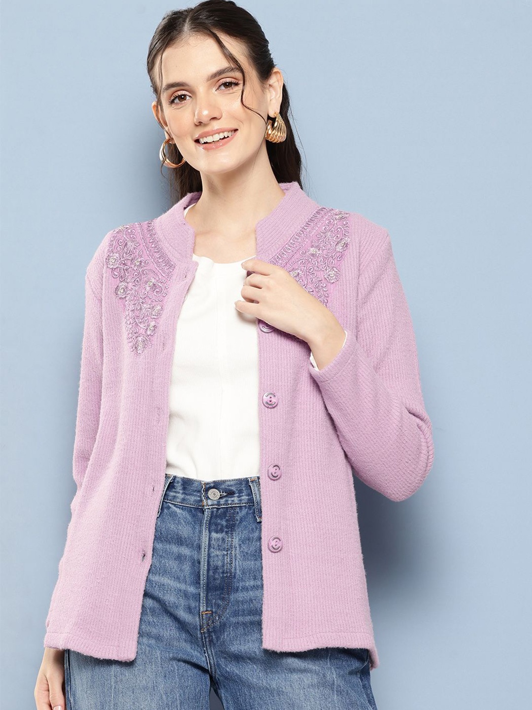 

The Roadster Lifestyle Co Women Embroidered Long Sleeves Cardigan, Purple