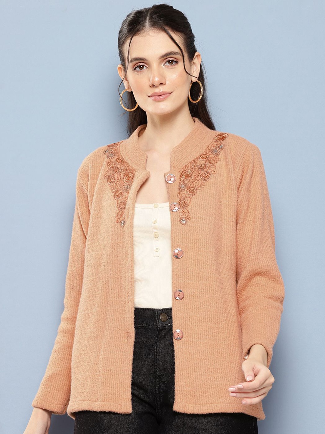 

The Roadster Lifestyle Co Women Embroidered Woolen Cardigan, Peach