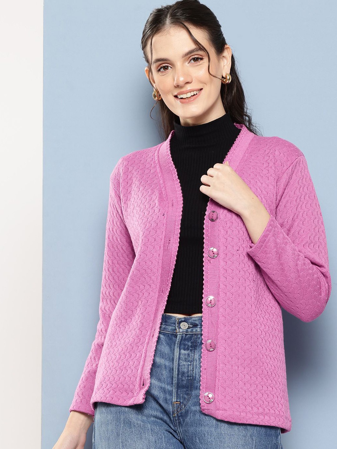 

The Roadster Lifestyle Co Women Self Design Cardigan, Pink