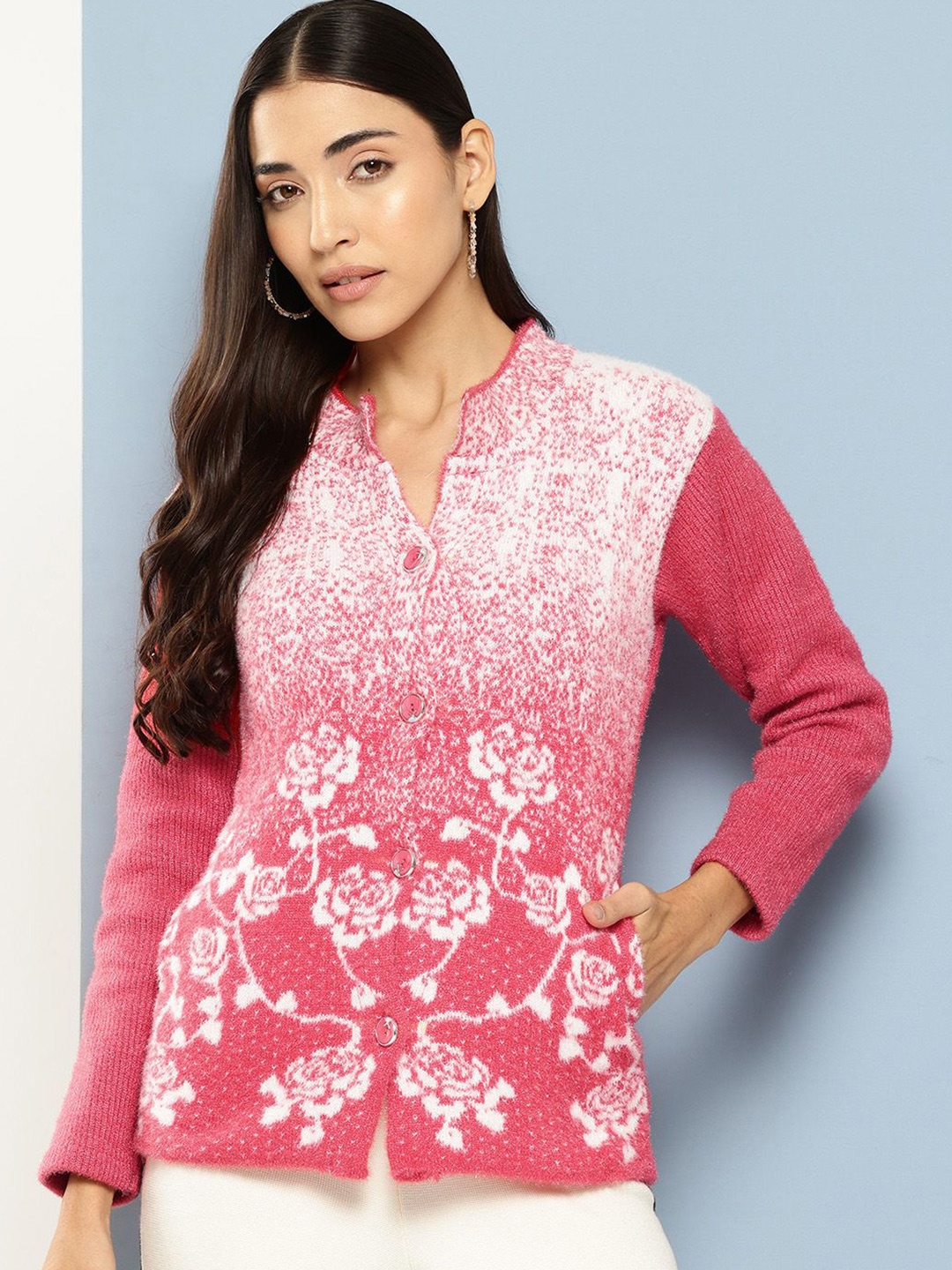 

The Roadster Lifestyle Co Women Floral Printed Woollen Cardigan, Red