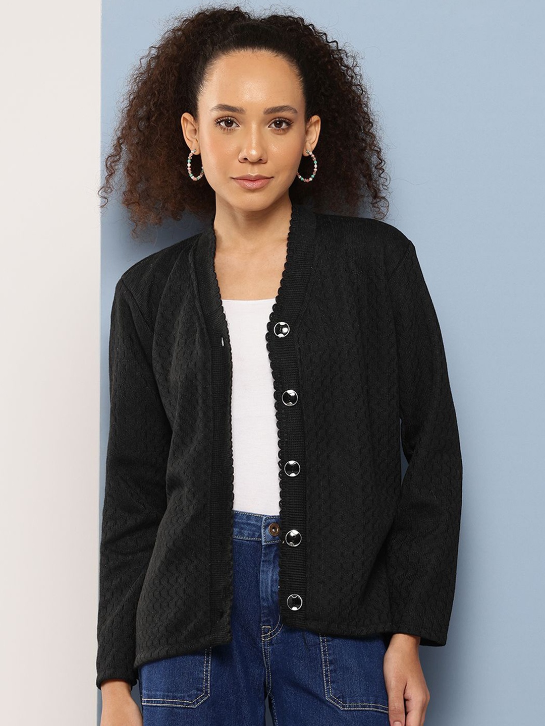 

The Roadster Lifestyle Co Women V-Neck Woolen Cardigan, Black