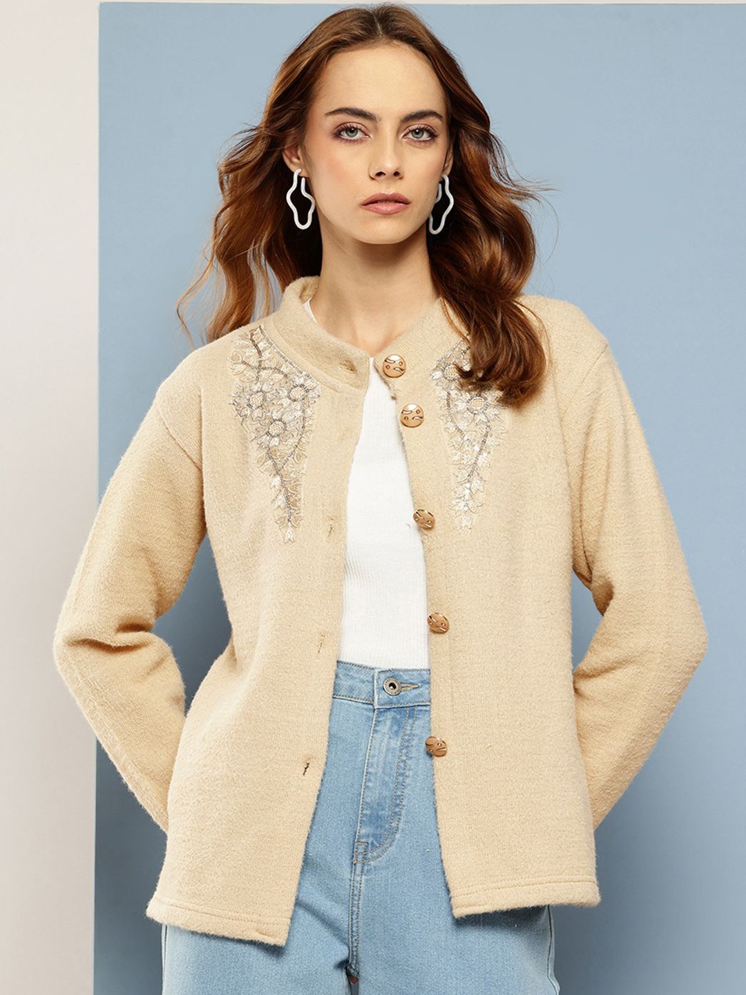 

The Roadster Lifestyle Co Women Embroidered Wool Long Sleeves Cardigan Sweater, Beige