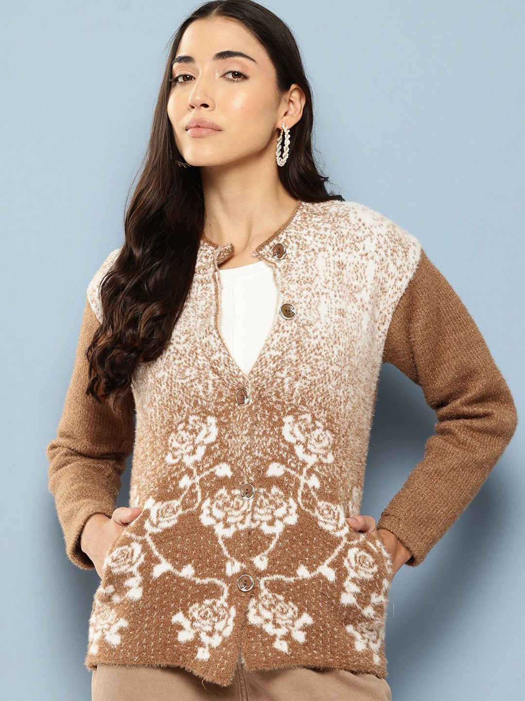 

The Roadster Lifestyle Co Women Floral Printed Woolen Cardigan, Brown