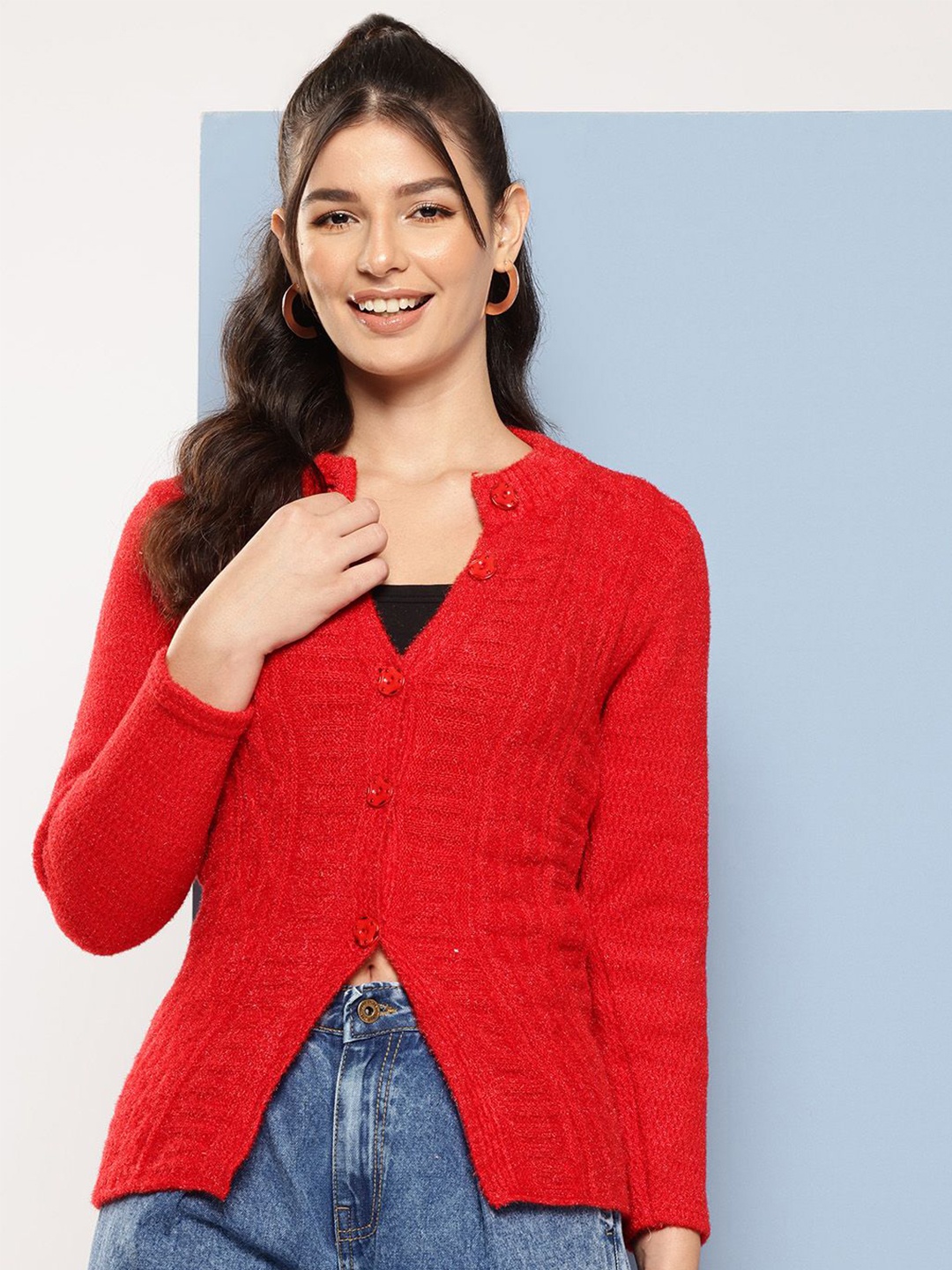 

The Roadster Lifestyle Co Women Self Design Woolen Cardigan Sweater, Red