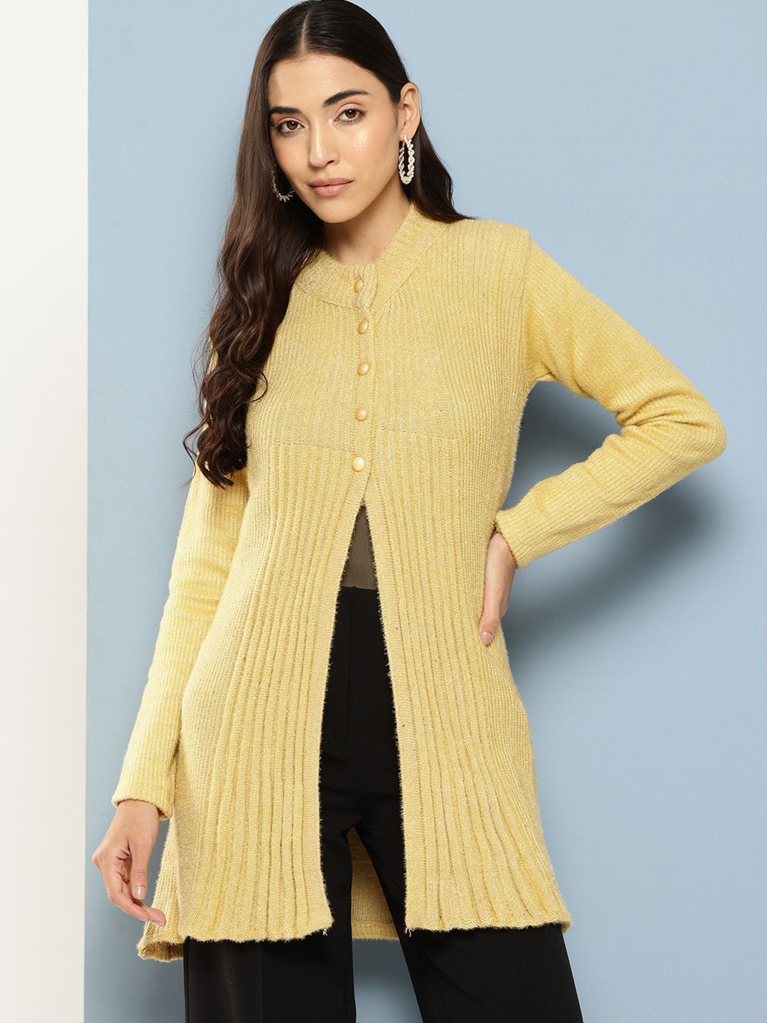 

The Roadster Lifestyle Co. Ribbed Woolen Long Sleeve Cardigan Sweater, Gold