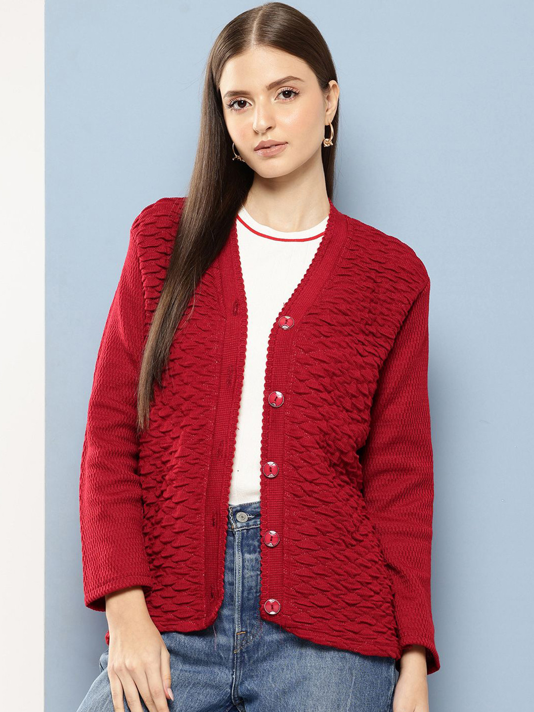 

The Roadster Lifestyle Co Women Self Design Woolen Long Sleeve Cardigan Sweater, Red