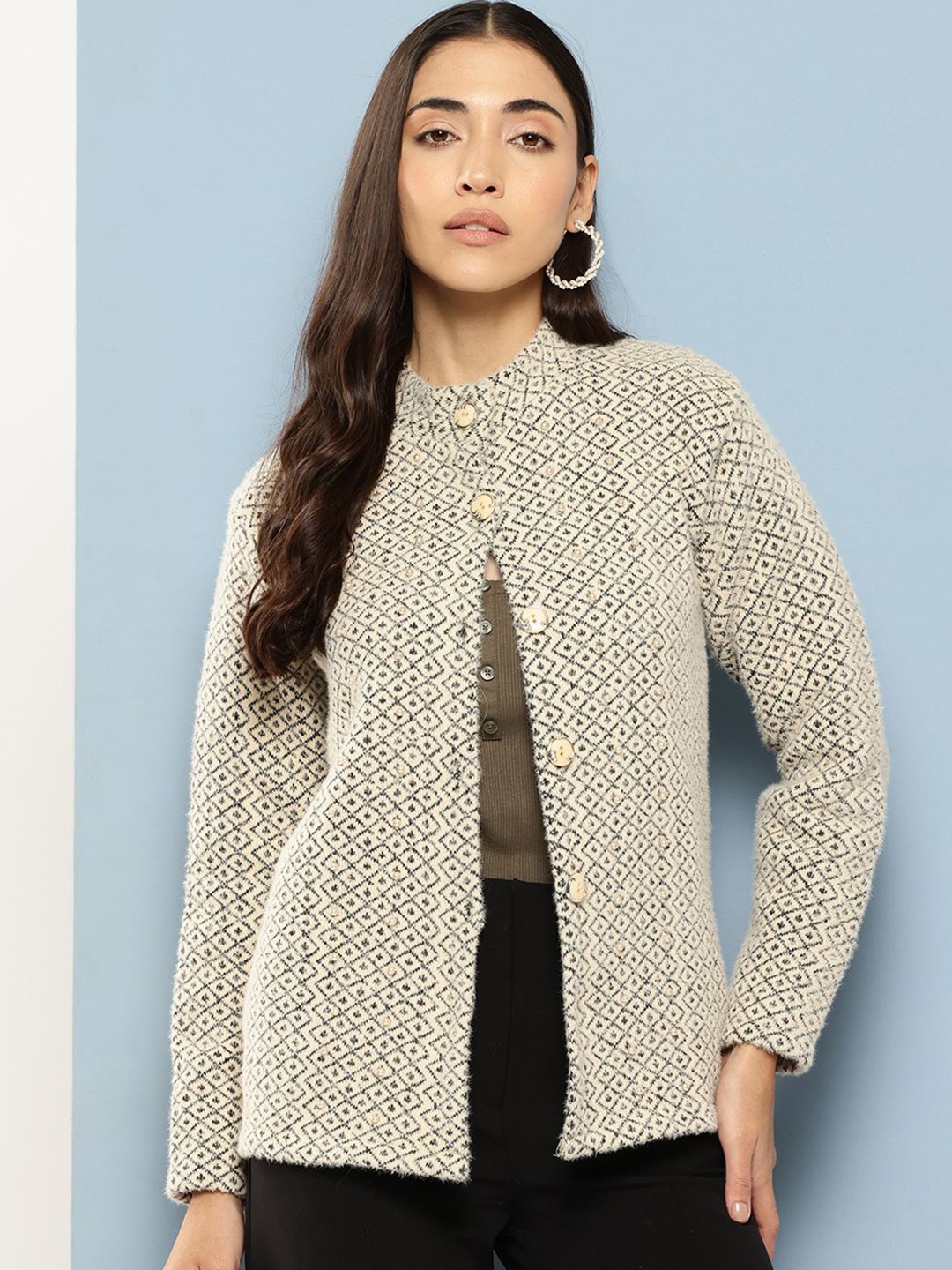The Roadster Lifestyle Co. Women Embellished Woolen Long Sleeve Cardigan, Cream