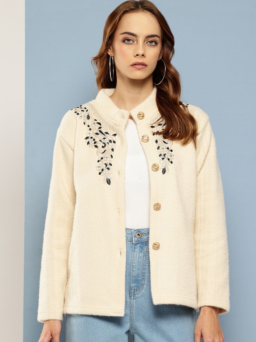 

The Roadster Lifestyle Co Women Embroidered Woolen Cardigan Sweater, Cream