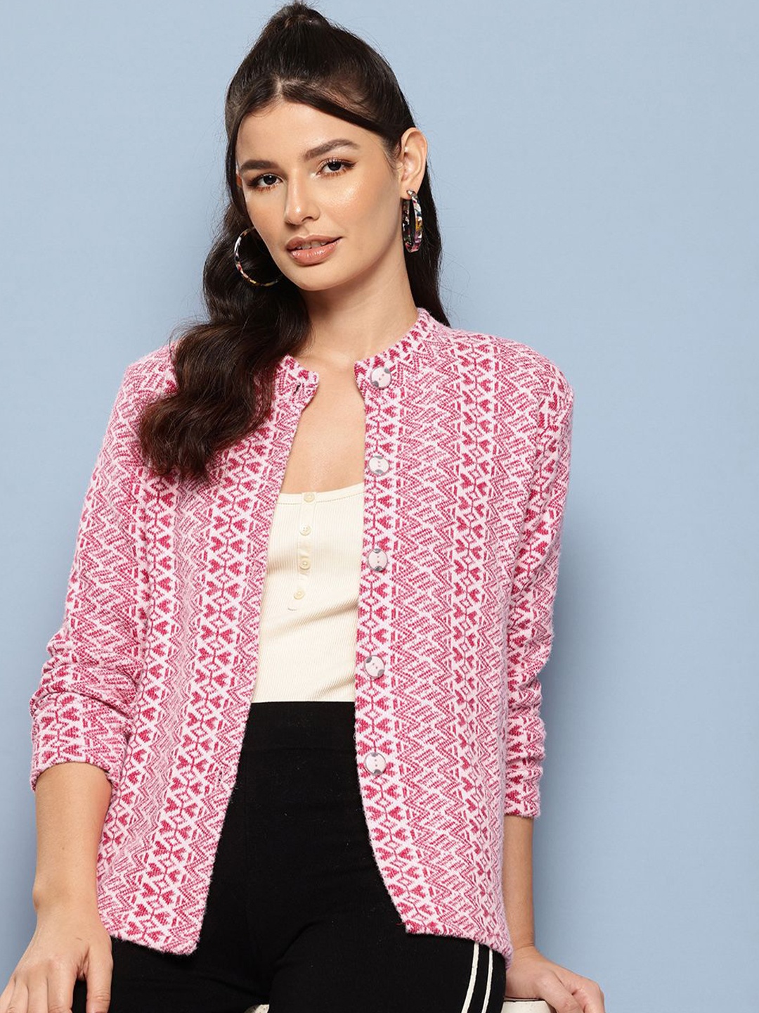 

The Roadster Lifestyle Co Women Round Neck Cardigan Sweaters, Pink