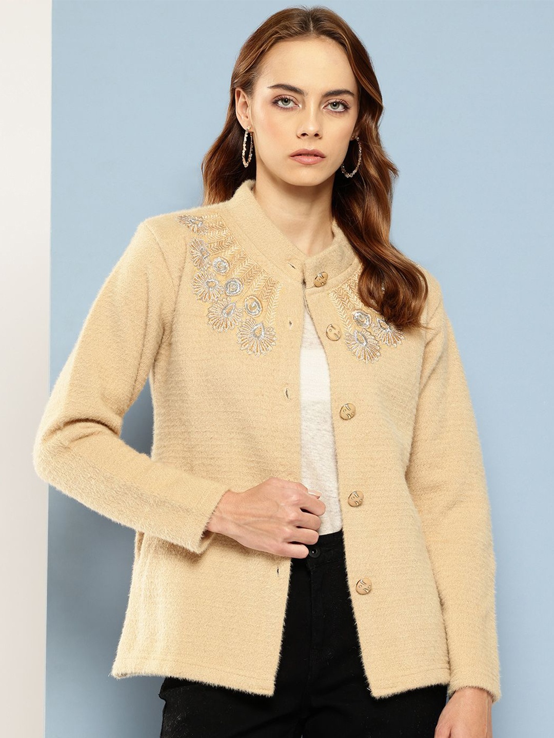 

The Roadster Lifestyle Co Women Embroidered Cardigan, Beige