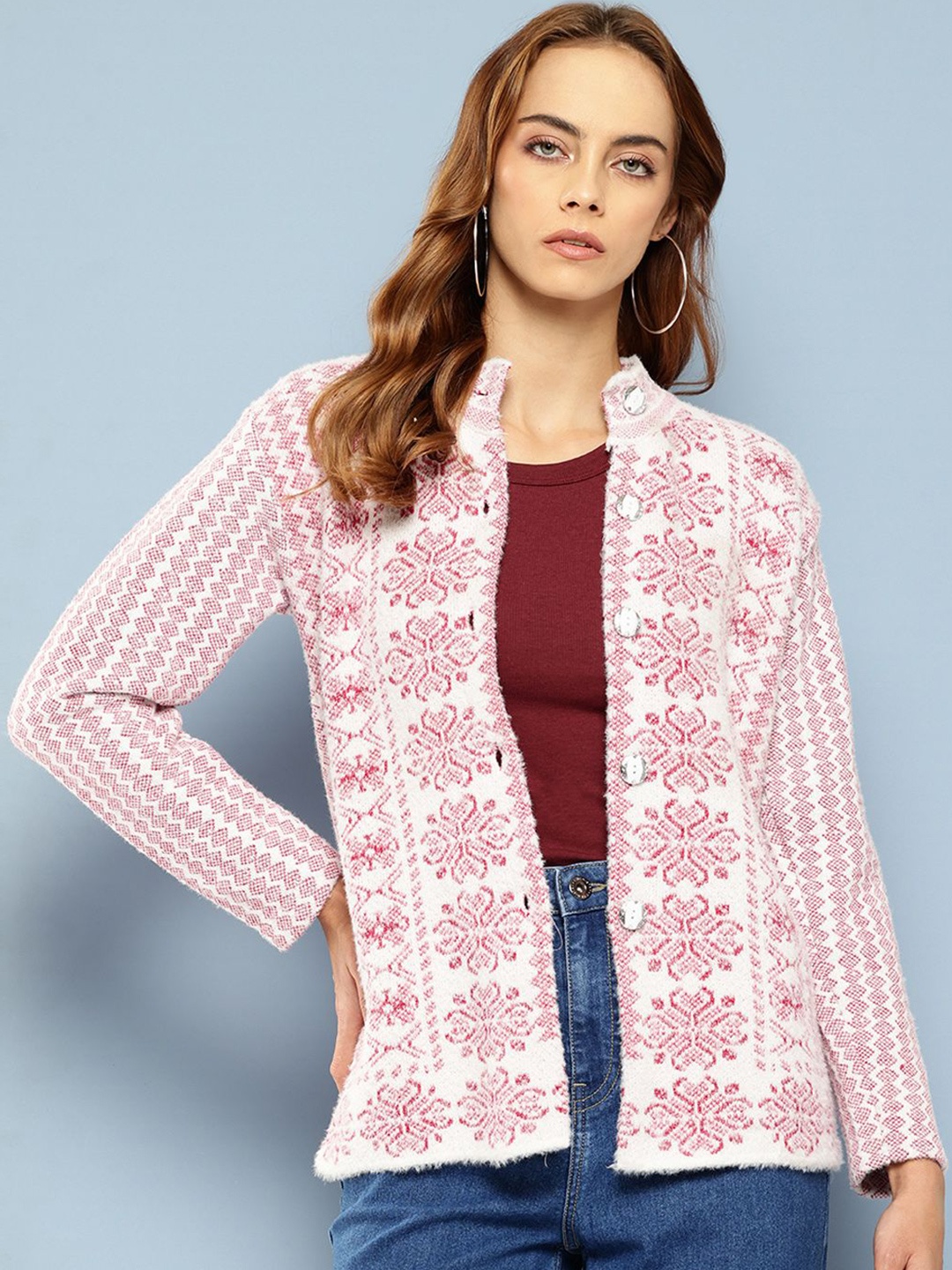 

The Roadster Lifestyle Co Women Floral Woolen Long Sleeve Cardigan, Pink