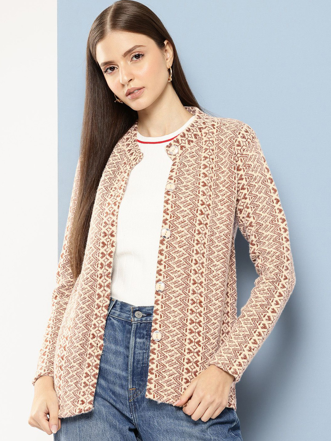 

The Roadster Lifestyle Co Women Self Design Cardigan, Beige