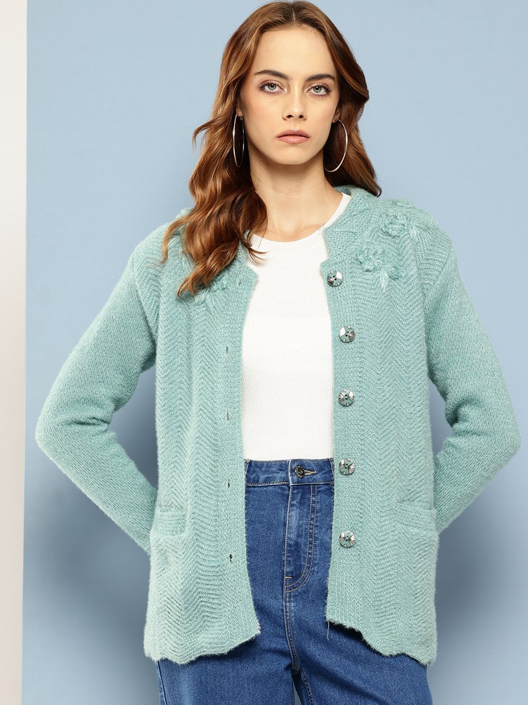 

The Roadster Lifestyle Co Women Woolen Long Sleeve Cardigan Sweater, Green