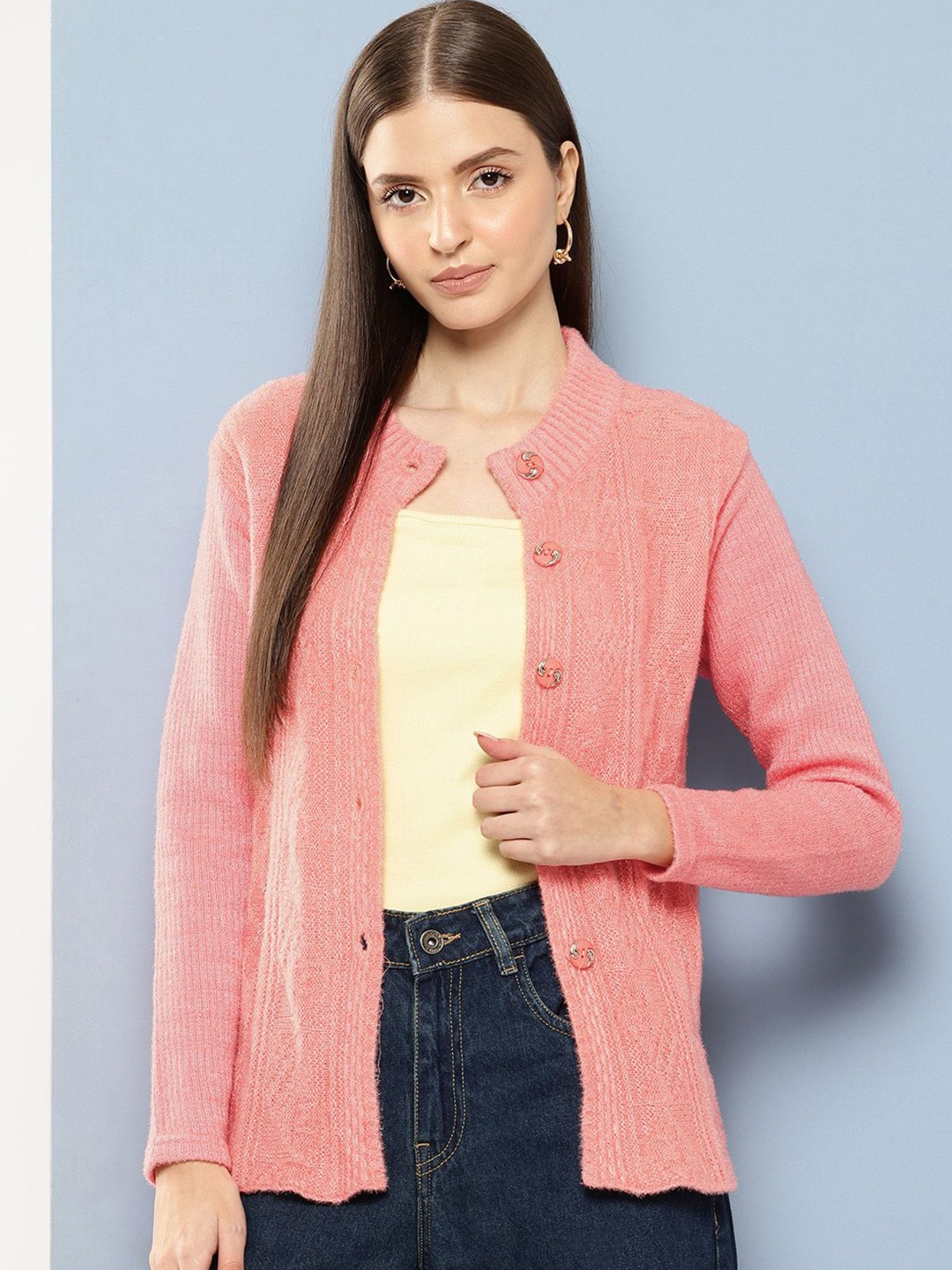 The Roadster Lifestyle Co. Women Woollen Cardigan Sweater, Peach