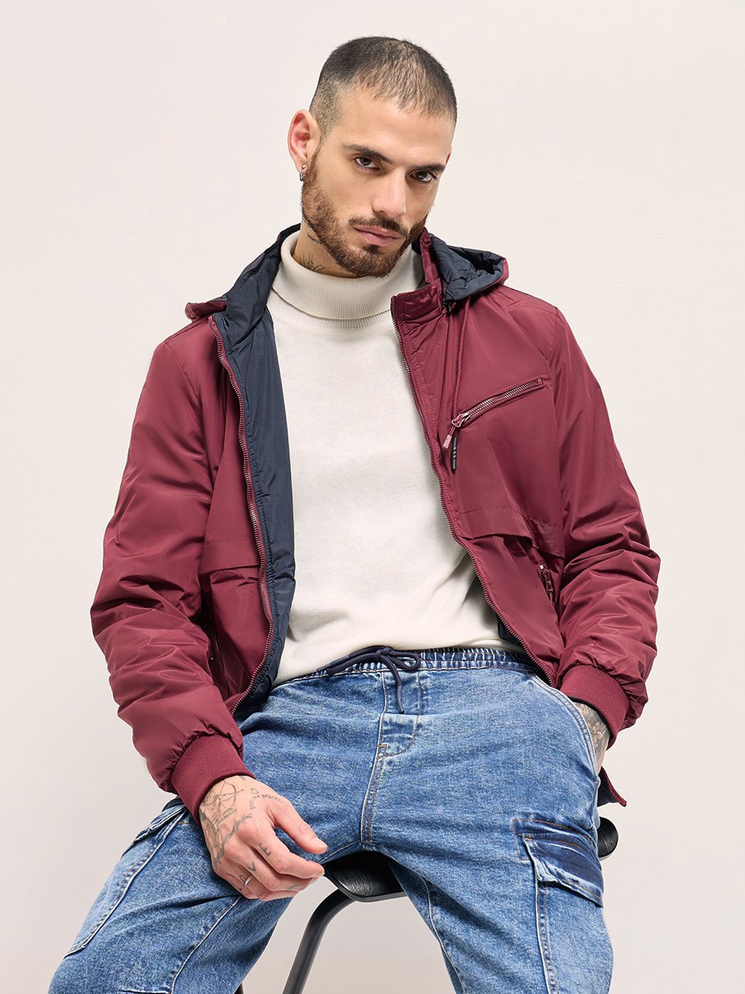 

THE BEAR HOUSE Men Hooded Solid Casual Reversible Bomber Jacket, Maroon