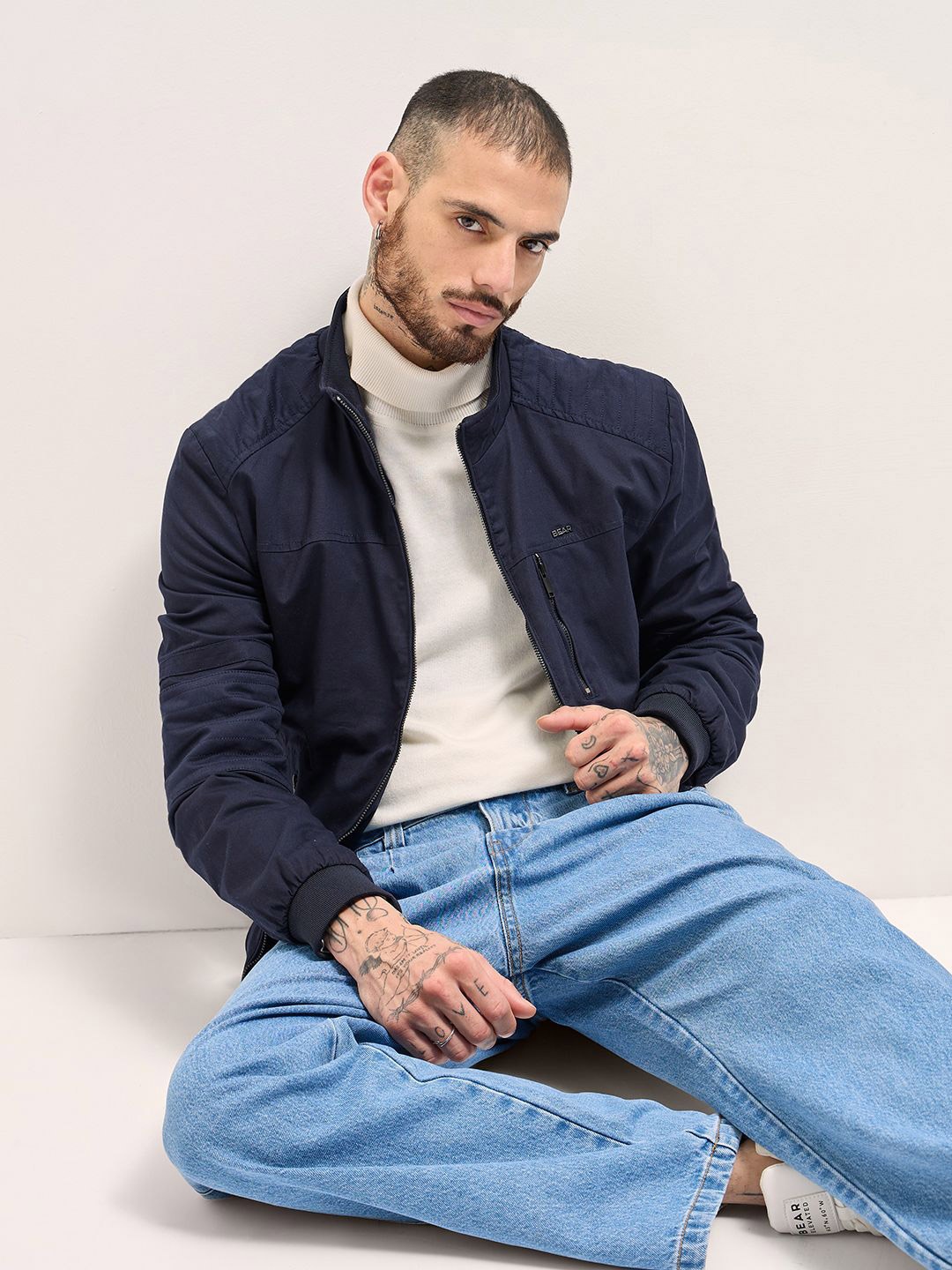 

THE BEAR HOUSE Men Mock Collar Solid Casual Bomber Jacket, Navy blue