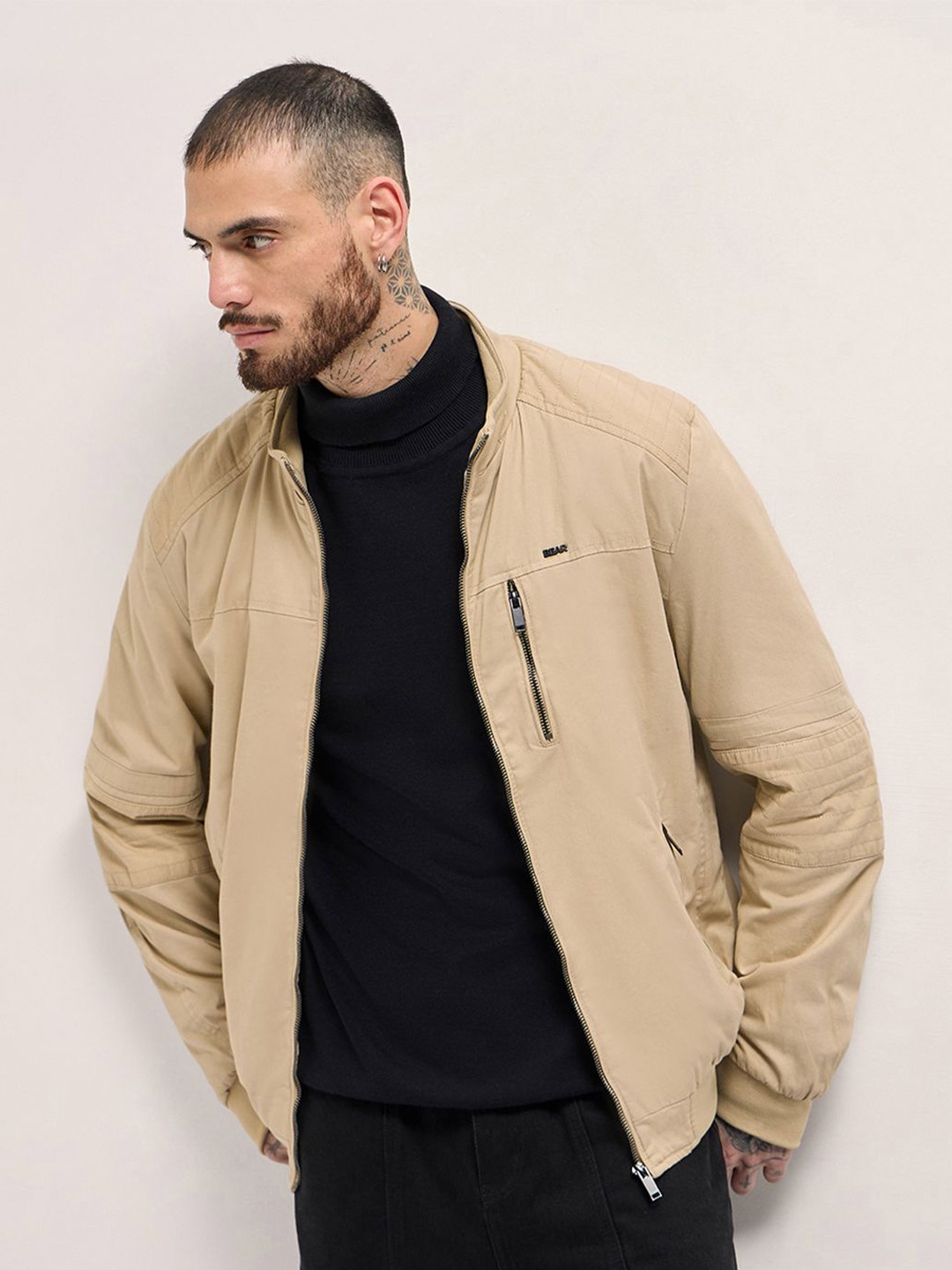 

THE BEAR HOUSE Men Mock Collar Solid Casual Bomber Jacket, Beige