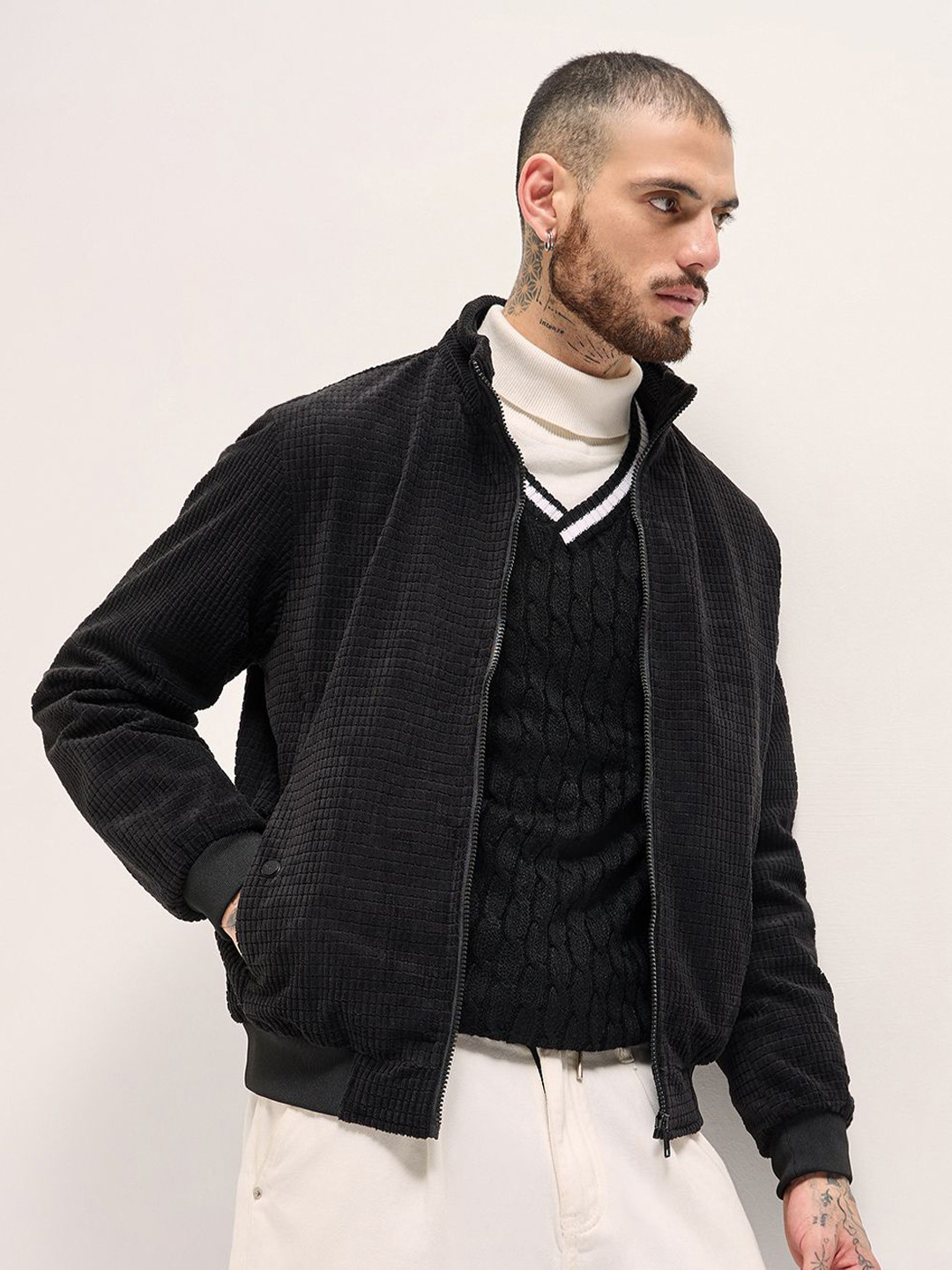 

THE BEAR HOUSE Men Mock Collar Self Design Casual Bomber Jacket, Black