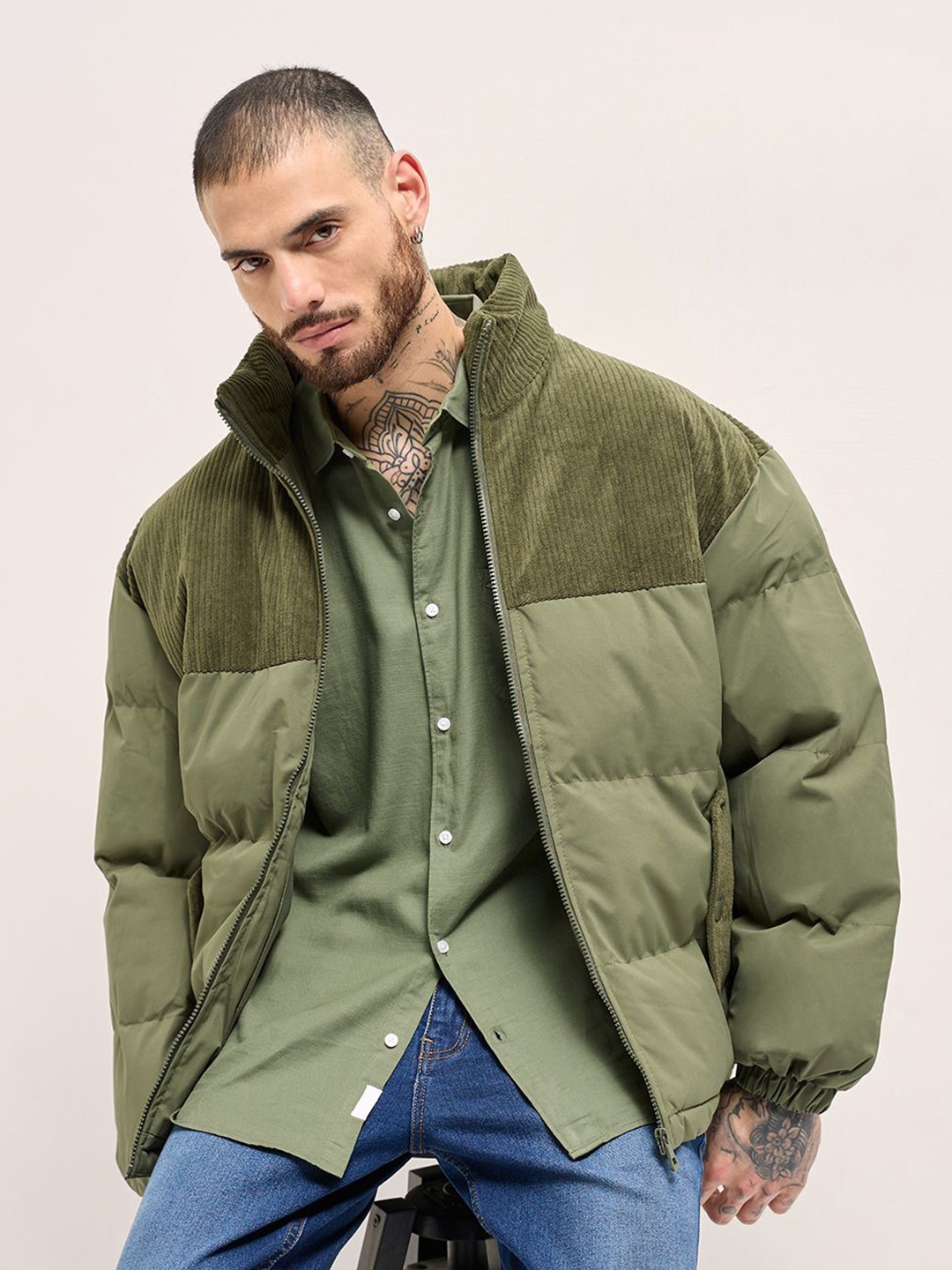

THE BEAR HOUSE Men Mock Collar Solid Casual Puffer Jacket, Olive