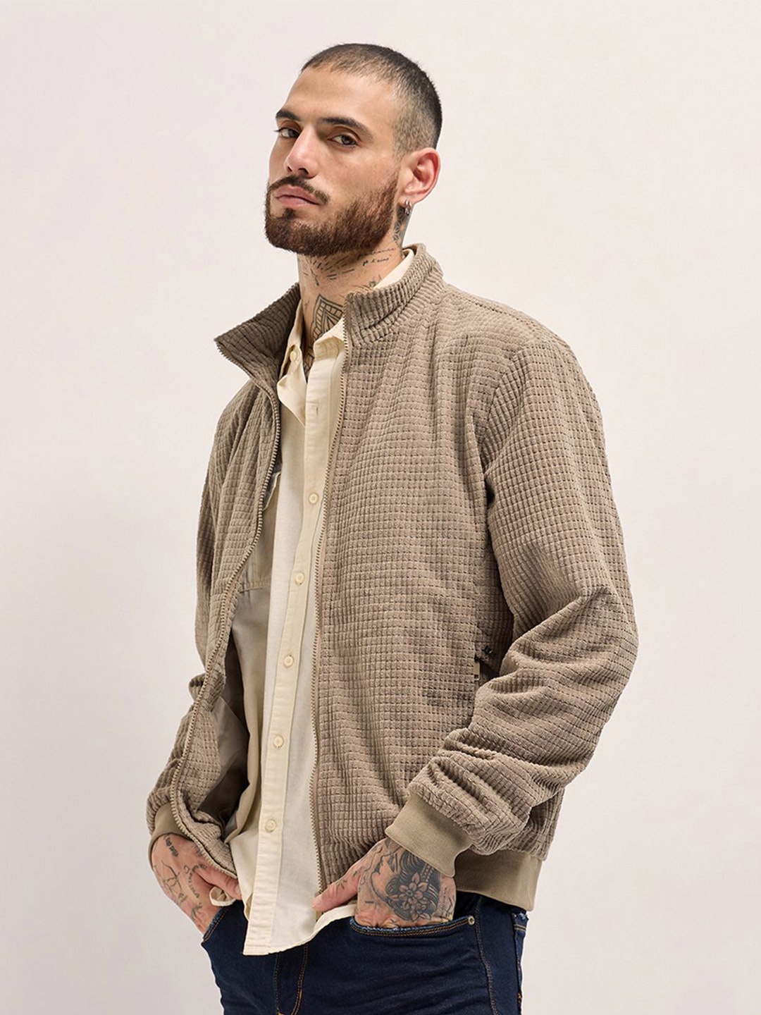 THE BEAR HOUSE Men Mock Collar Self Design Casual Bomber Jacket, Beige