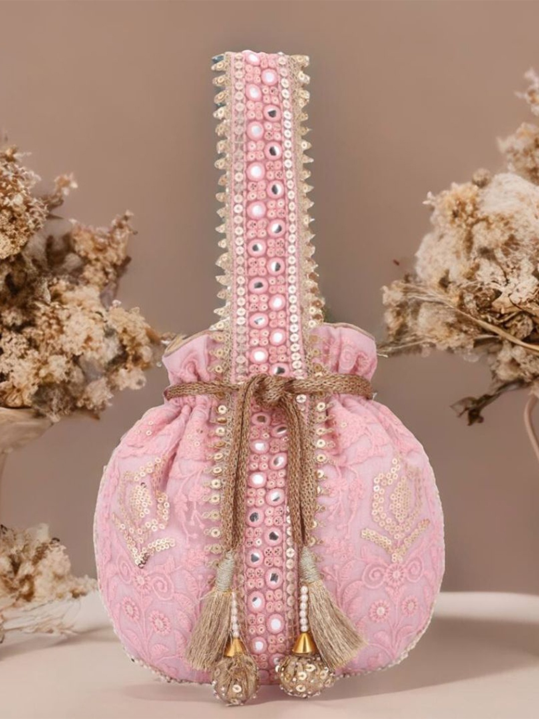 

MASQ Embroidered Potli Clutch, Pink