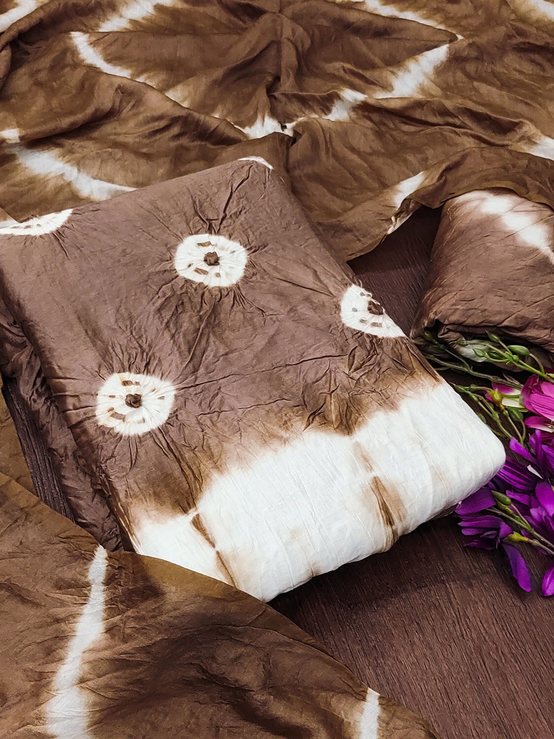 

V3 FASHION STUDIO Bandhani Tie & Dye Pure Cotton Unstitched Dress Material, Brown