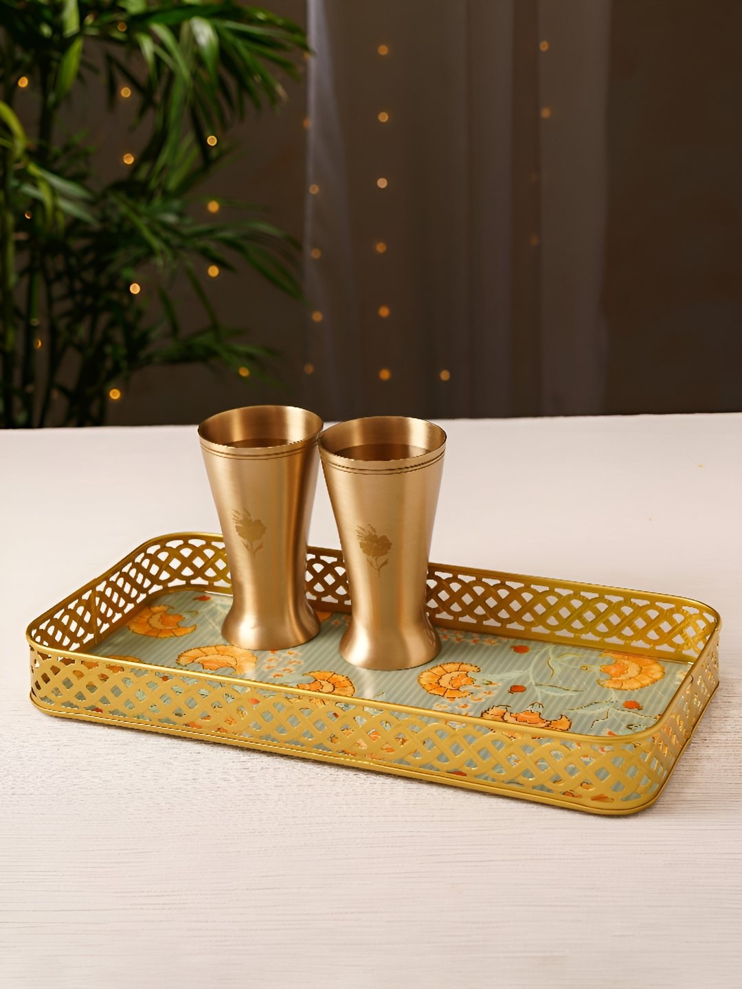 

JAYPORE Gold Toned & Blue Metal Serving Tray