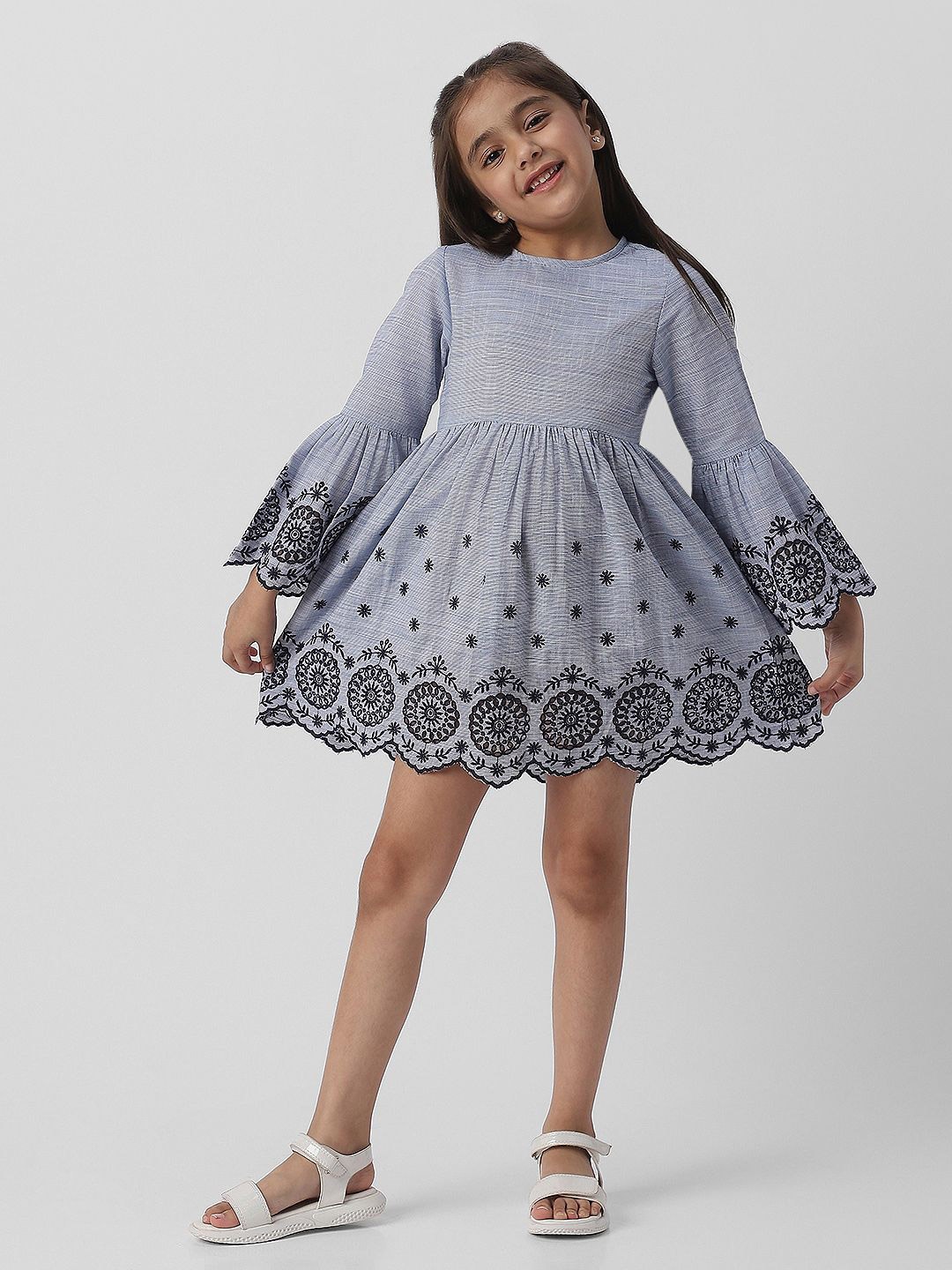Nauti Nati Girls Embroidered Flared Sleeve Fit & Flare Dress, Grey