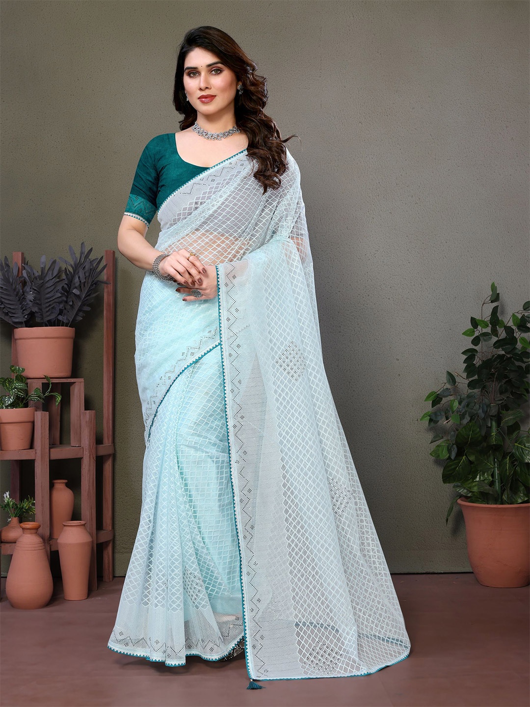 

VIJAYA VALLABH Woven Design Beads and Stones Net Saree, Blue