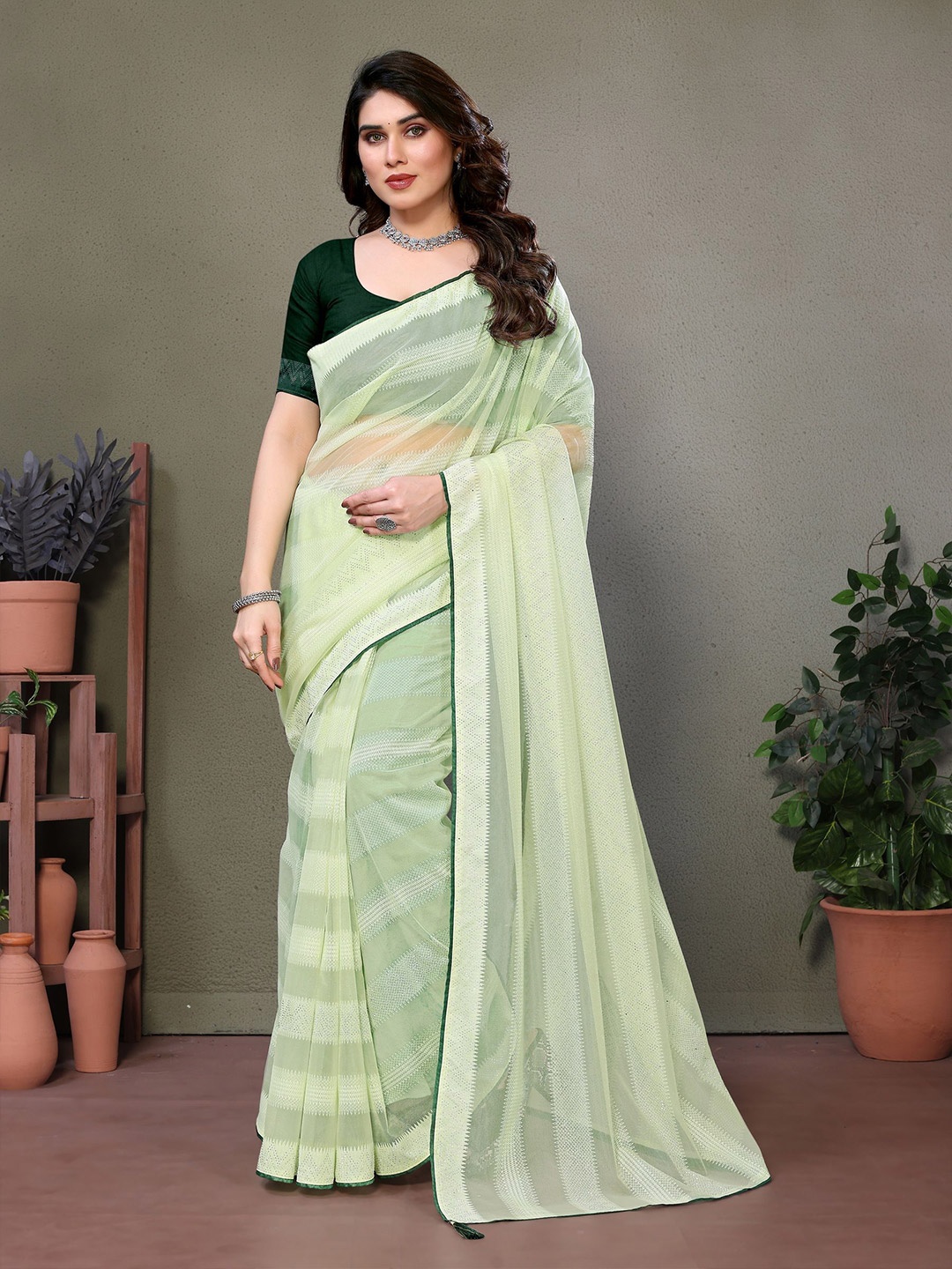 

VIJAYA VALLABH Woven Design Beads and Stones Net Saree, Green