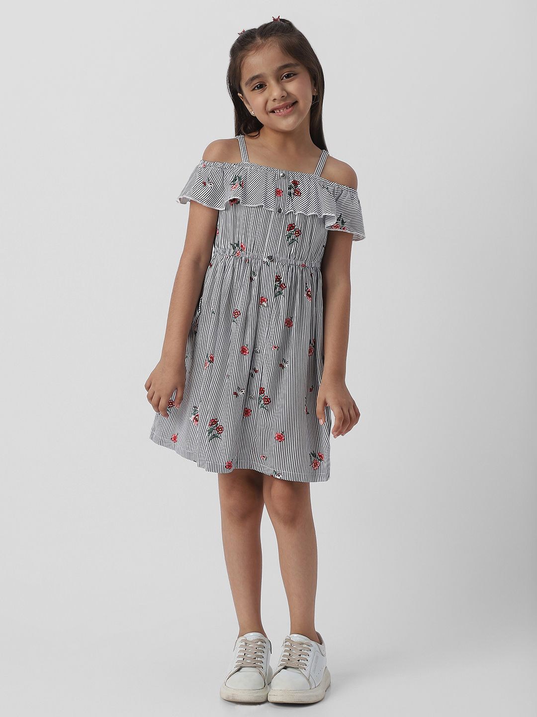 

Nauti Nati Girls Floral Striped Cold-Shoulder Ruffled Fit & Flare Dress, Black