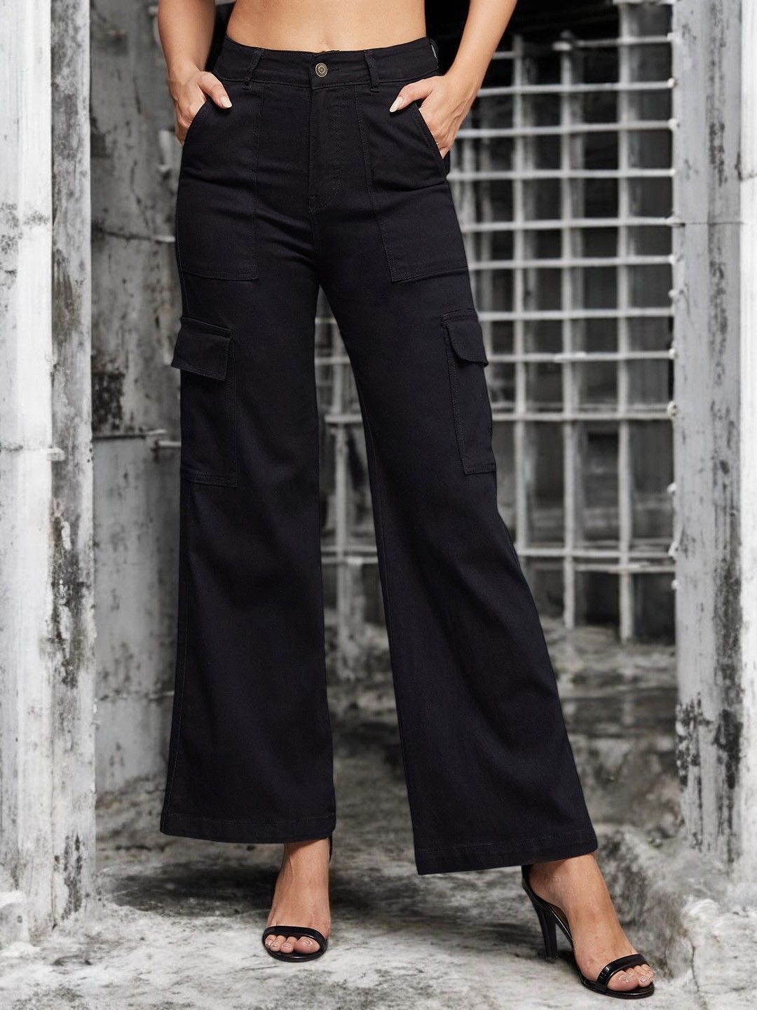 DressBerry Women Wide Leg High-Rise Cargo Styles Stretchable Jeans, Black