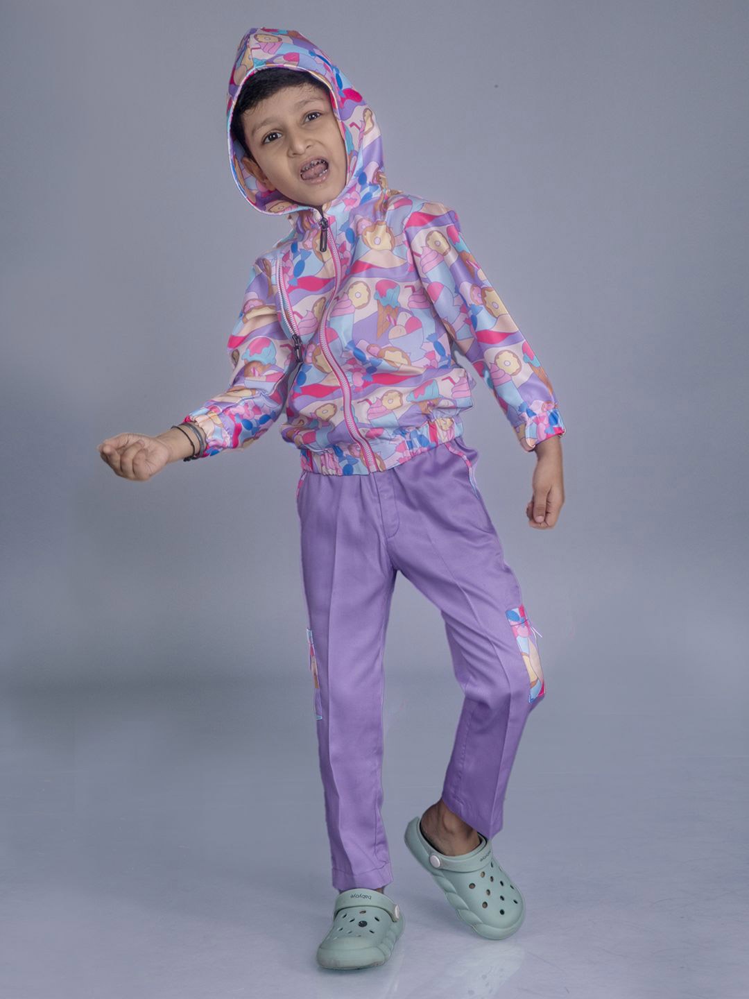 

BAYA COUTURE Boys Party Hooded Printed Sweatshirt with Trousers, Purple