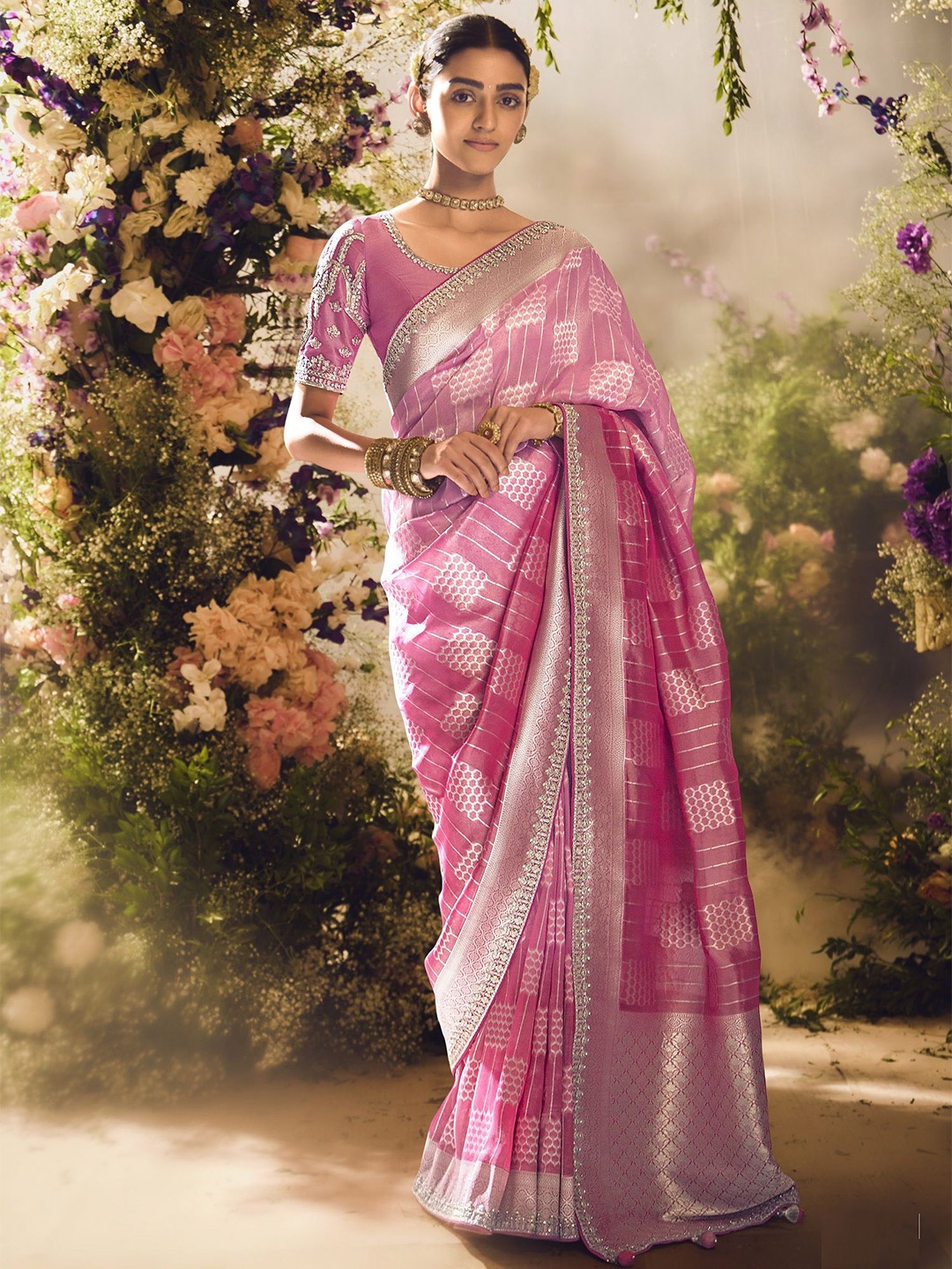 

MAHALASA Ethnic Motifs Woven Design Pure Silk Designer Kanjeevaram Saree, Pink