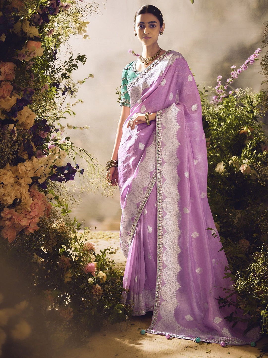 

MAHALASA Woven Design Embroidered Pure Silk Kanjeevaram Saree, Lavender