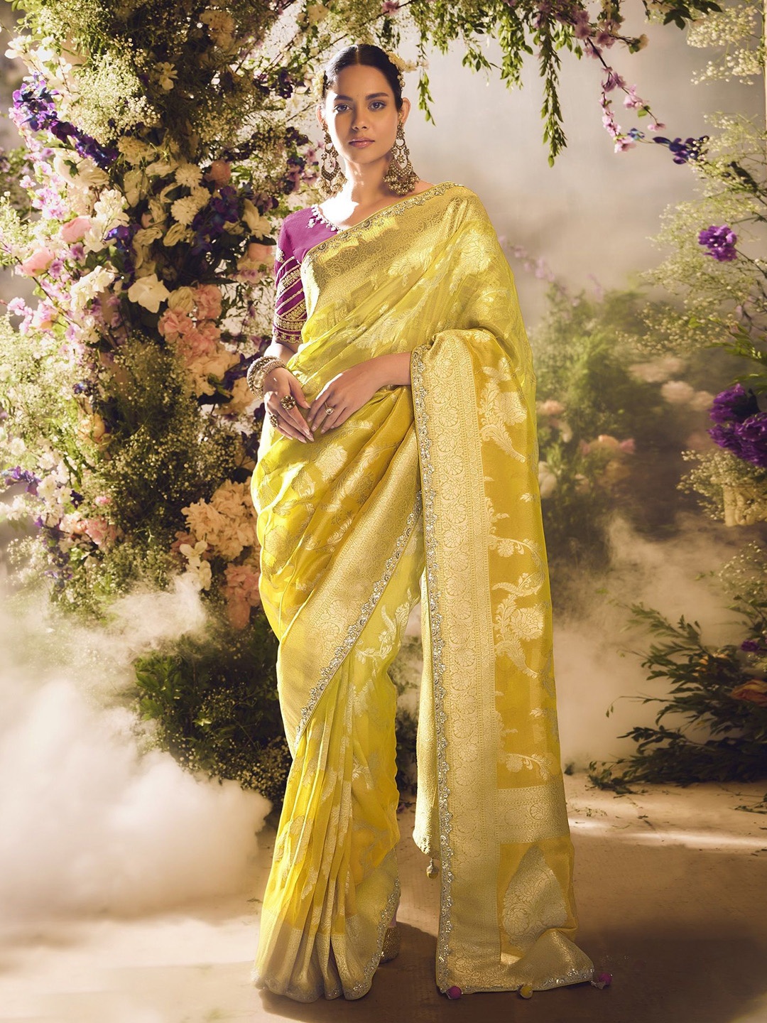 

MAHALASA Ethnic Motifs Embroidered Pure Silk Designer Kanjeevaram Saree, Yellow