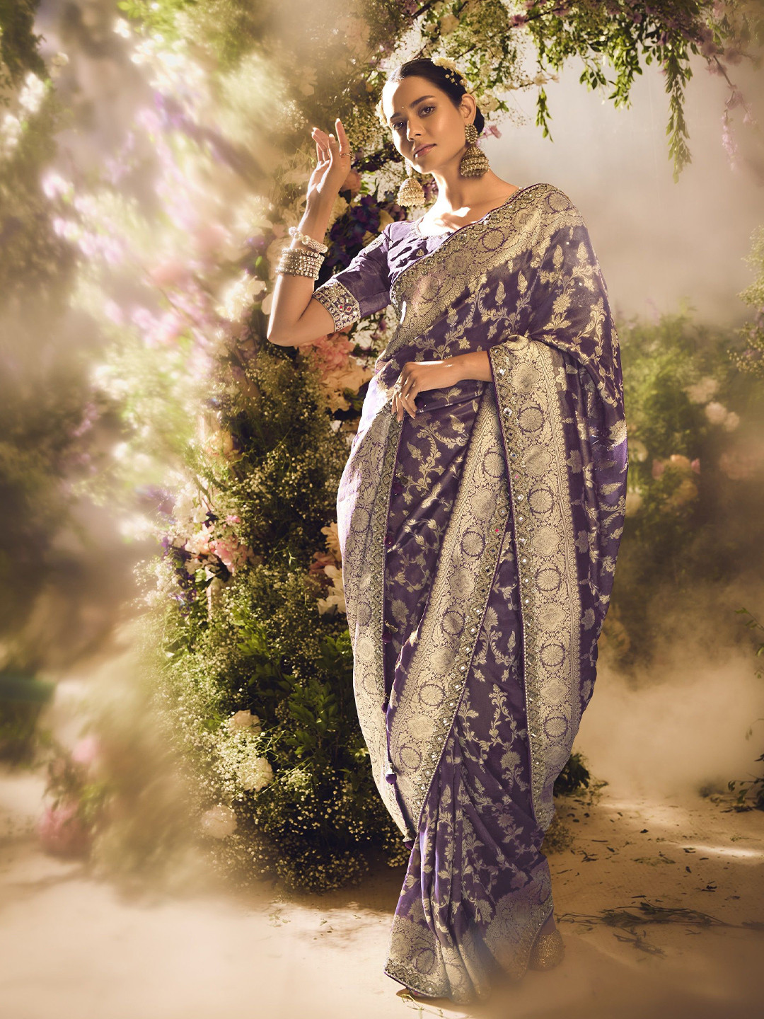 

MAHALASA Ethnic Motifs Embroidered Pure Silk Designer Kanjeevaram Saree, Purple