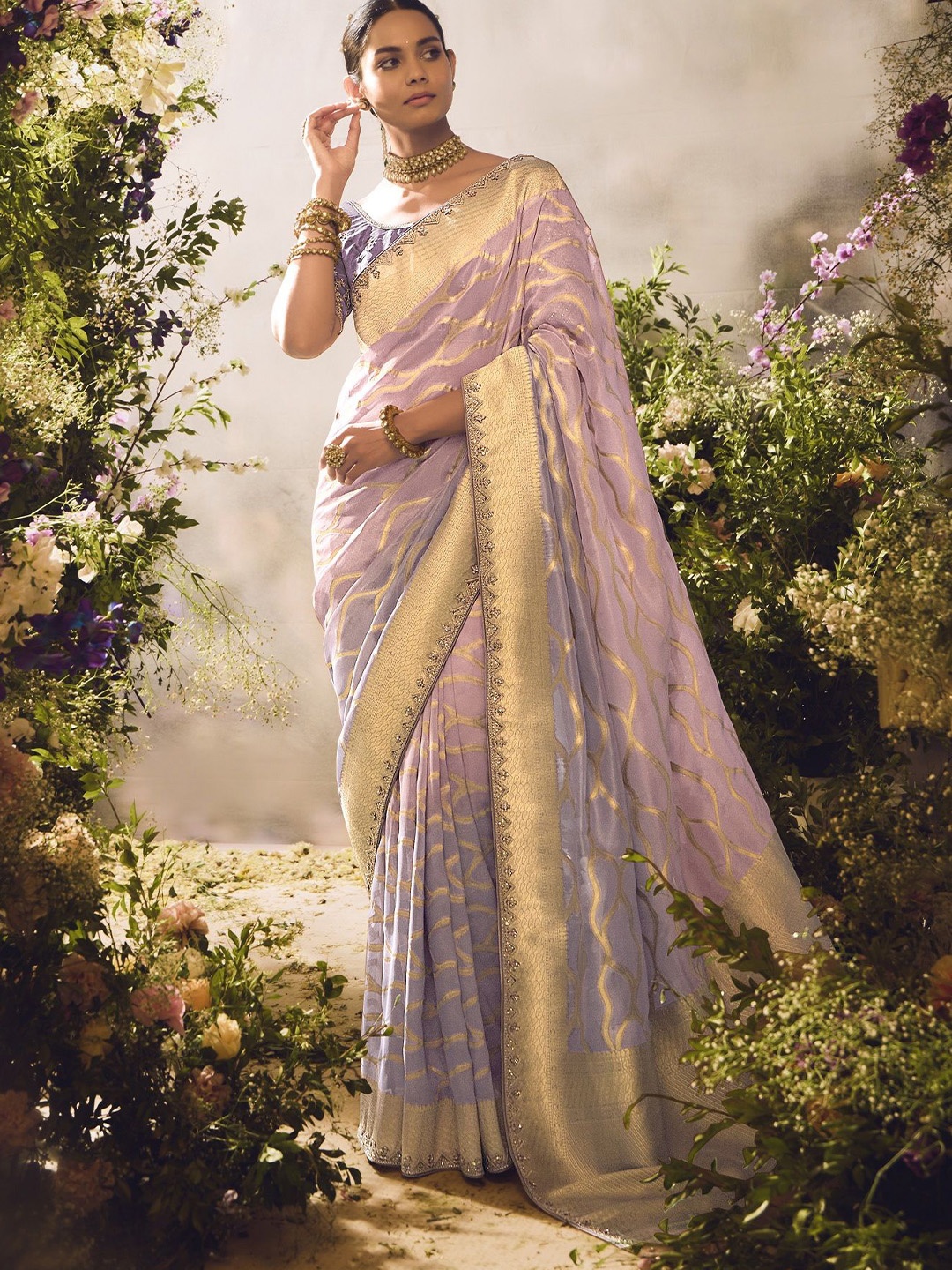 

MAHALASA Leheriya Woven Design Embroidered Pure Silk Kanjeevaram Saree, Purple