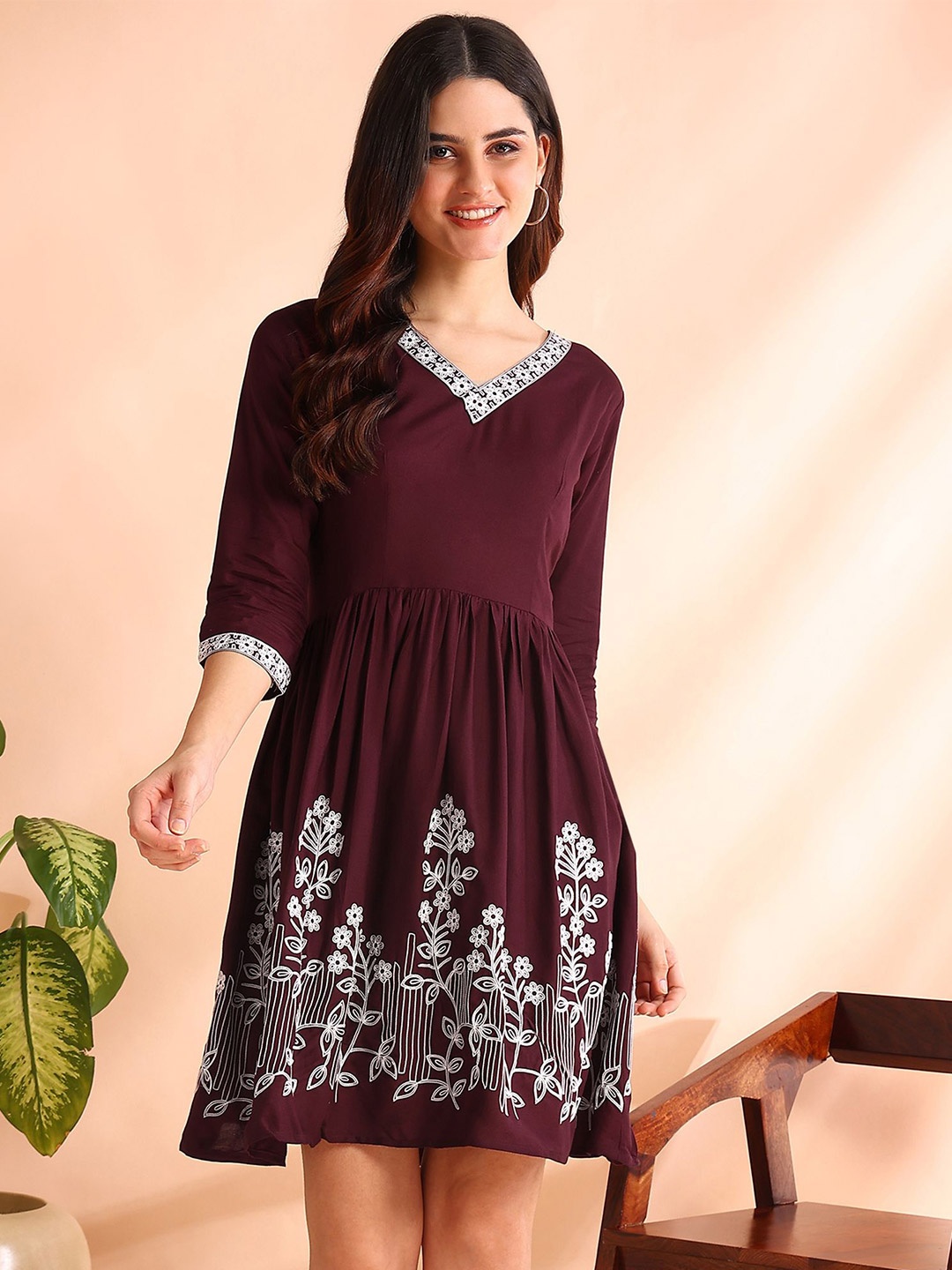 

HIVA TRENDZ Women Floral Embroidered Fit & Flare Dress, Maroon