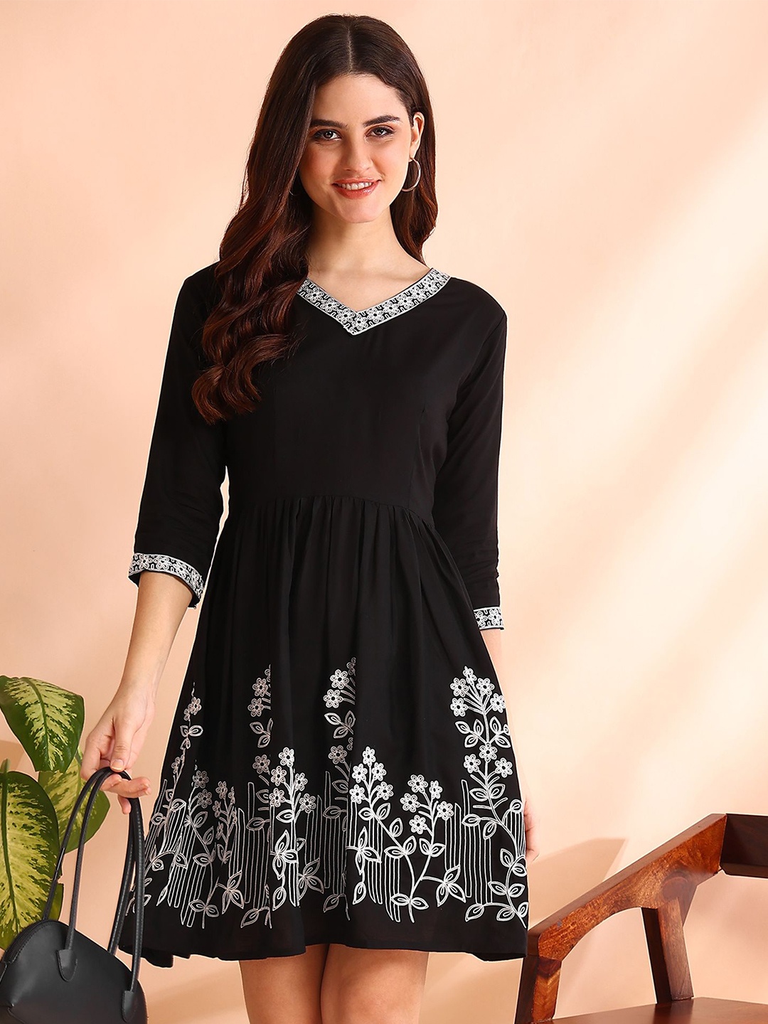 HIVA TRENDZ Floral Embroidered Fit & Flare Dress, Black