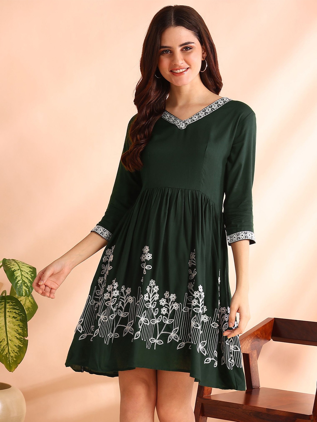 

HIVA TRENDZ Women Floral Embroidered Fit & Flare Dress, Green