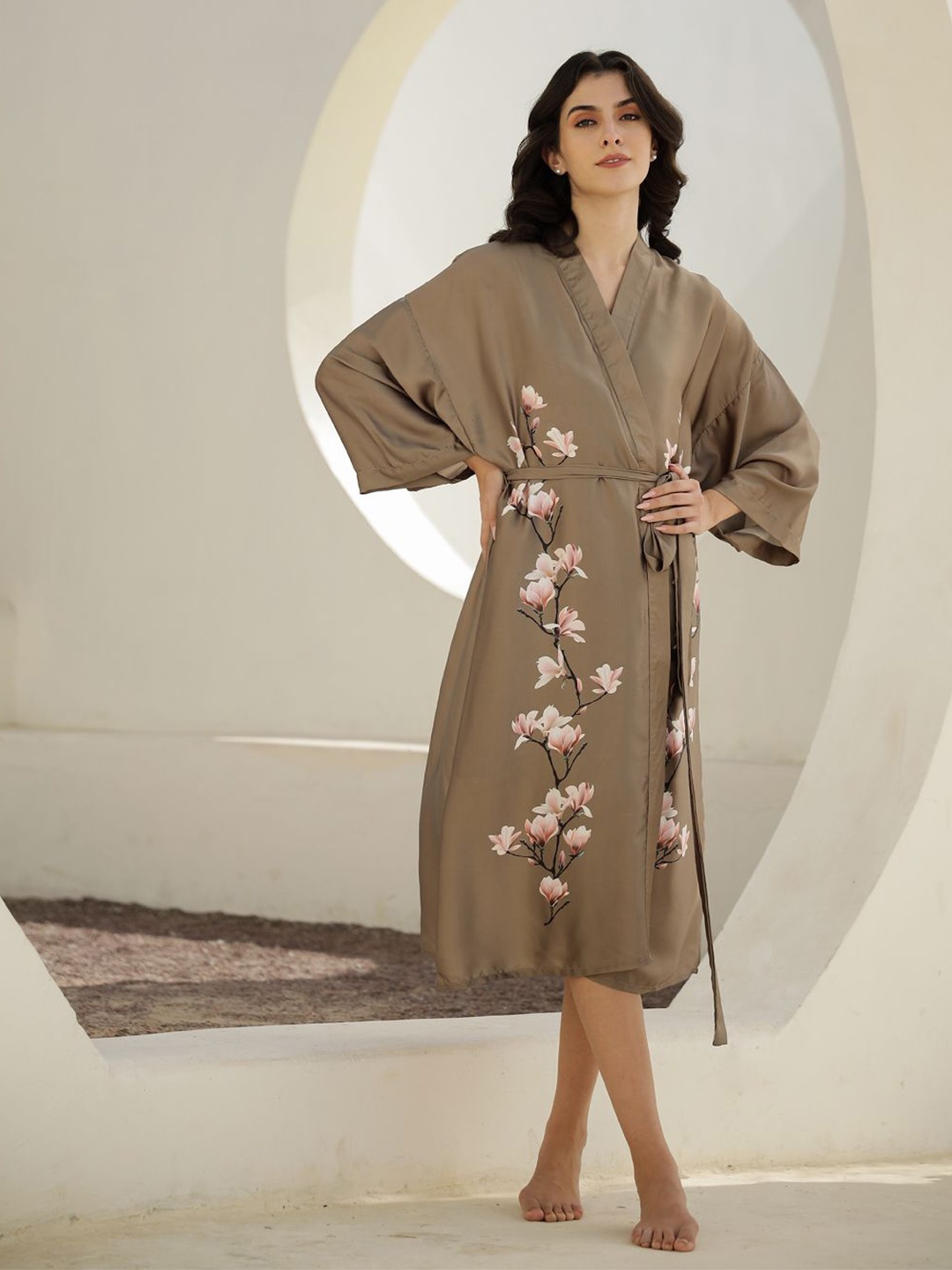 

SANSKRUTIHOMES Women Floral Printed V-Neck Satin Night Dress, Brown