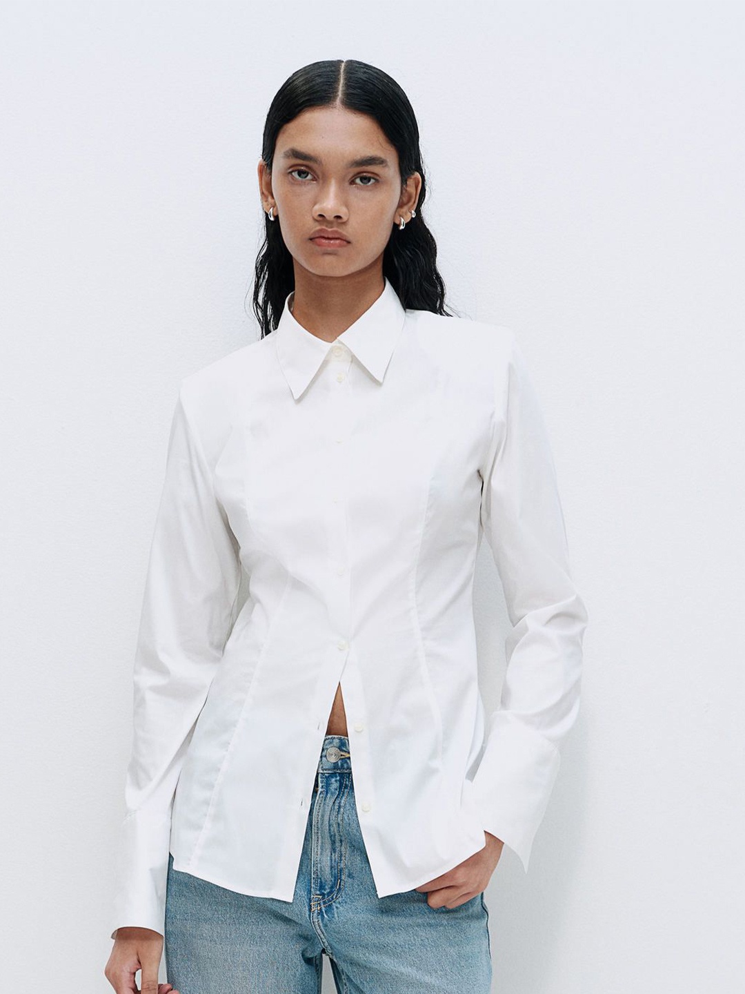 

H&M Shoulder-Pad Tapered-Waist Shirt, White