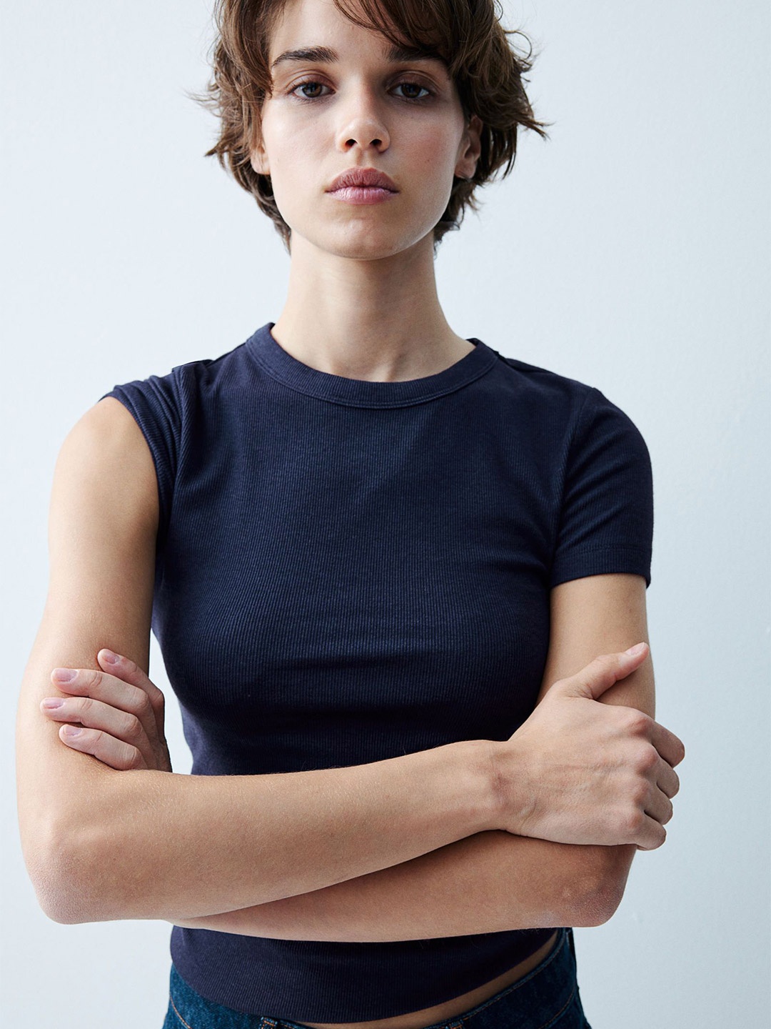 

H&M Ribbed Modal-Blend T-Shirt, Navy blue